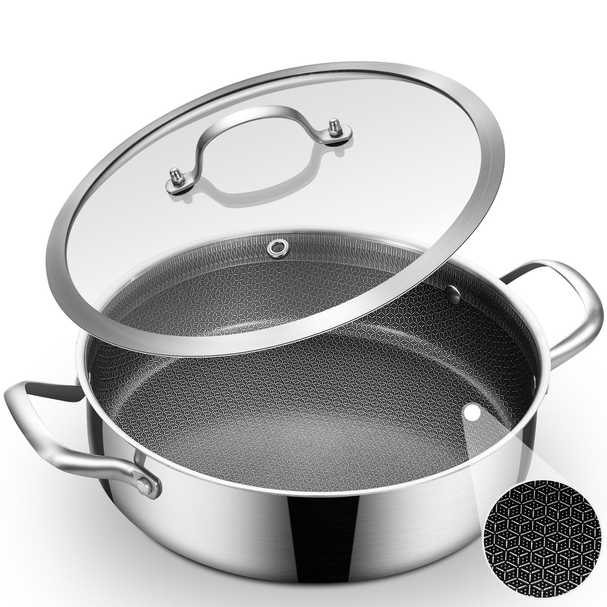 Inqibee 5 QT Hybrid Tri-Ply Stainless Steel Ceramic Non Stick Sauté Pan with Lid, 11 Inch Deep Frying Pan Cookware, Induction Compatible, All Cooktops, Oven & Dishwasher Safe