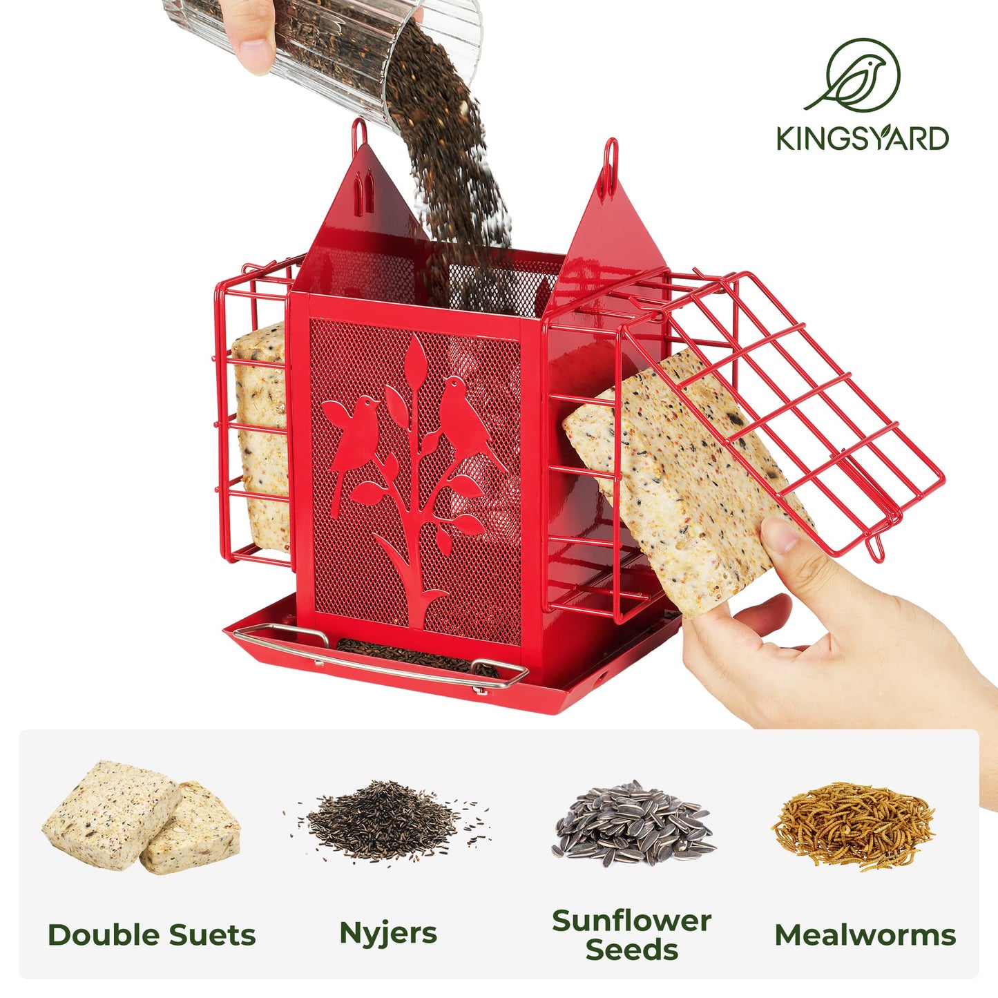 Kingsyard Bird Feeder for Outdoor Hanging, All Metal, Wild Bird Feeder with Double Suet Cages, Seeds Tray & Rainproof Roof, 3 LBS Large Capacity, Red