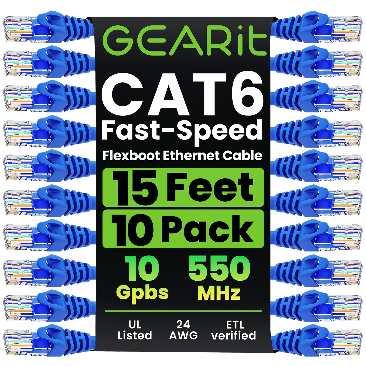 GearIT 10-Pack Cat6 Patch Cable 15 Feet Cat 6 Ethernet Cable Snagless Flexible Soft Tab - Preimum Series - Blue