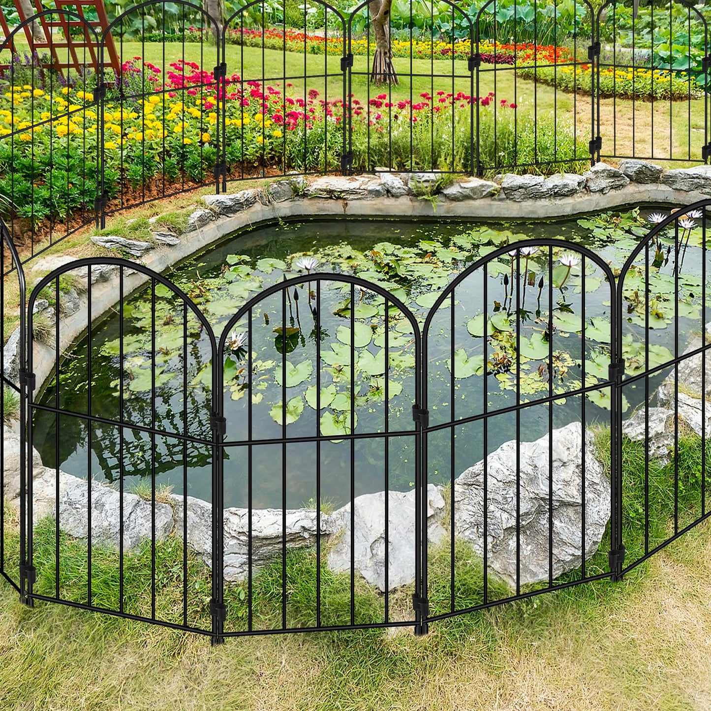 Decorative Garden Fence 24in (H) x 10.5ft (L), 10 Panels No Dig Garden Fencing Animal Barrier for Dogs Rabbits Arched Flower Bed Edging, Metal Wire Border Panel for Outdoor Patio Yard Decor