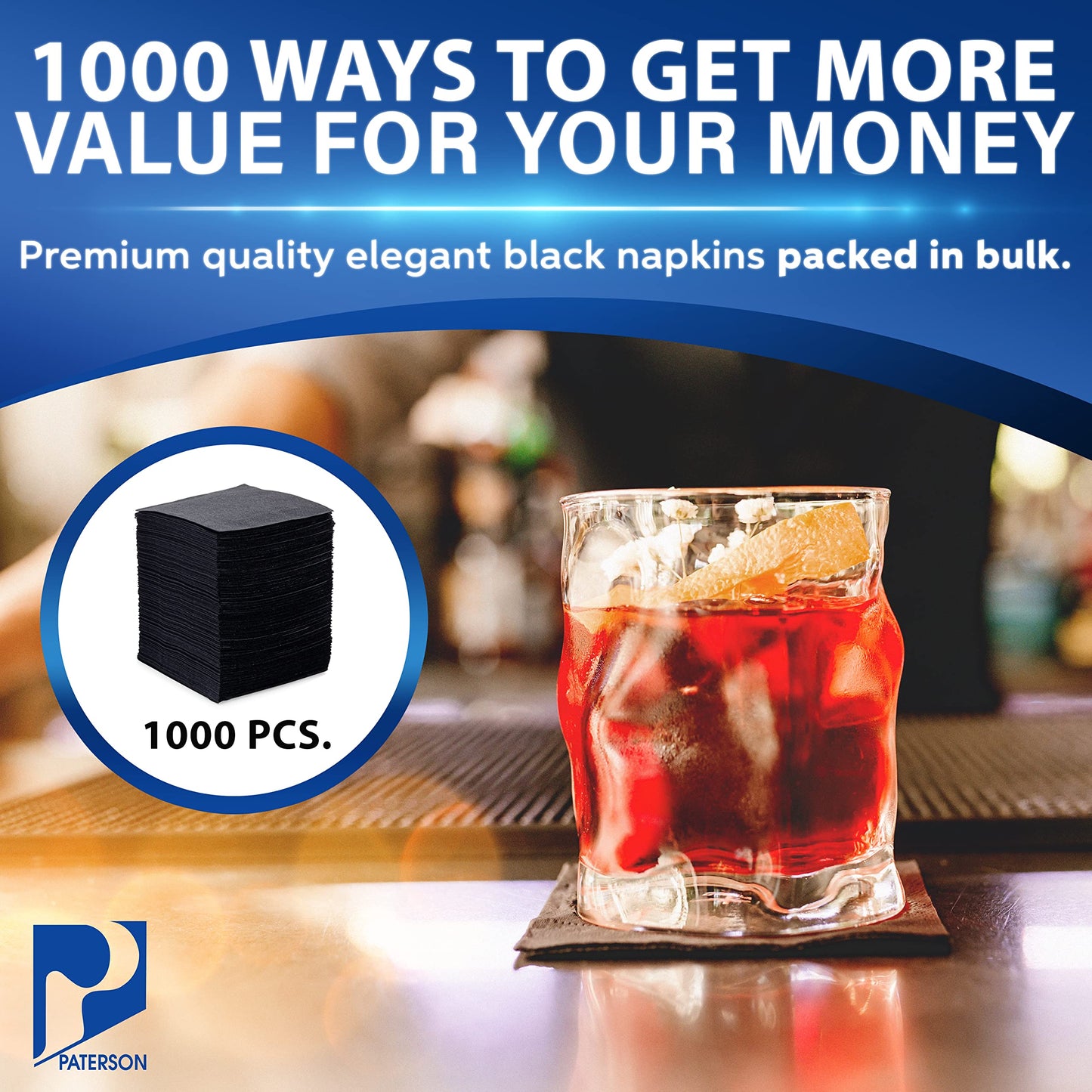 Beverage Napkins Bulk - 2-Ply Black Cocktail Napkins 10" x 10" - Case of 1000 (50 per pack, 20 packs) - Paper Drink Dessert Party Napkins for Restaurants, Bars, Weddings, Catering - Paterson Paper