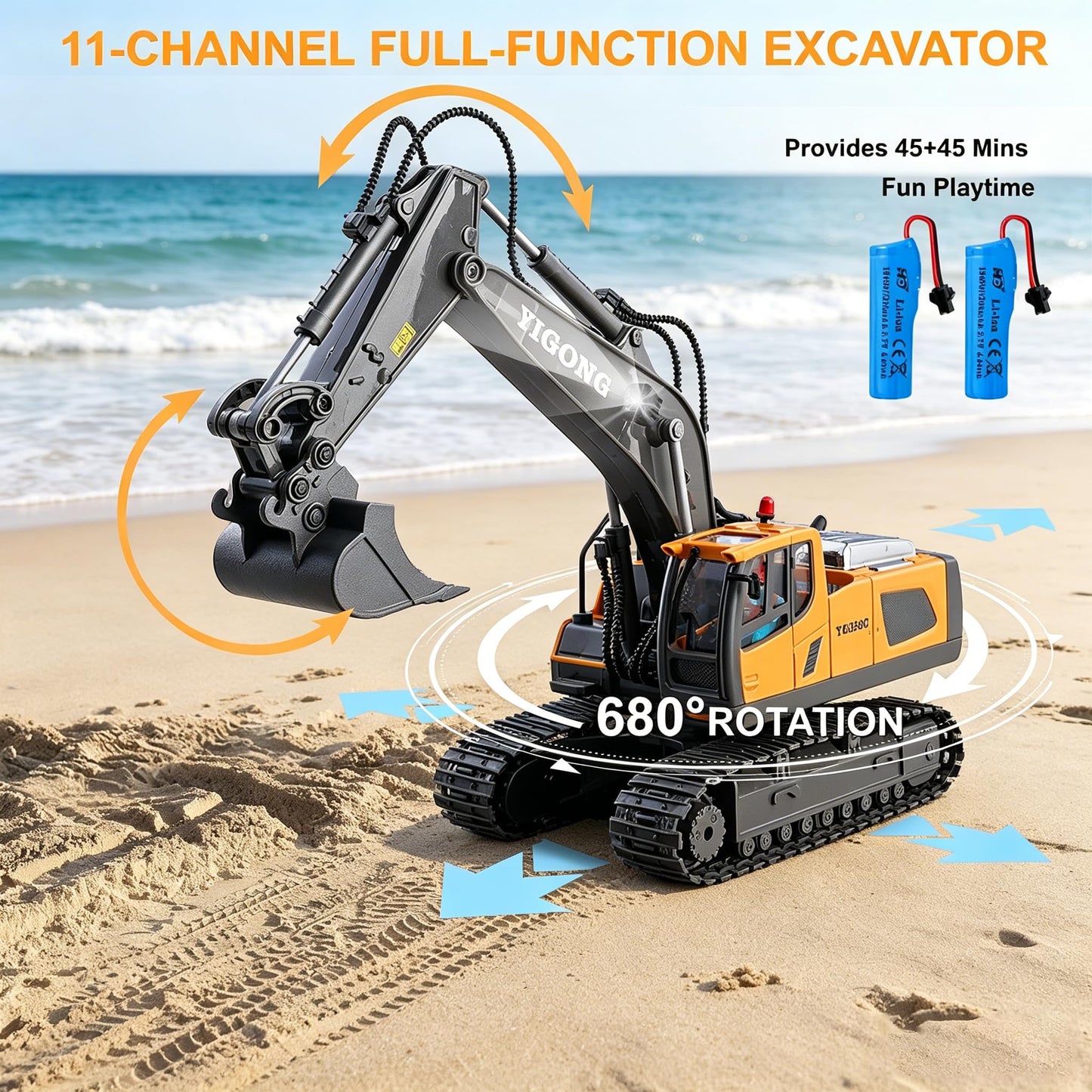 Cogwak RC Excavator Toy 11 Channel Remote Control Construction Vehicles Sand Digger Truck with Metal Shovel 680° Rotation Outdoor Birthday Gift for Boys Kids Age 6+ Year Old (Yellow)