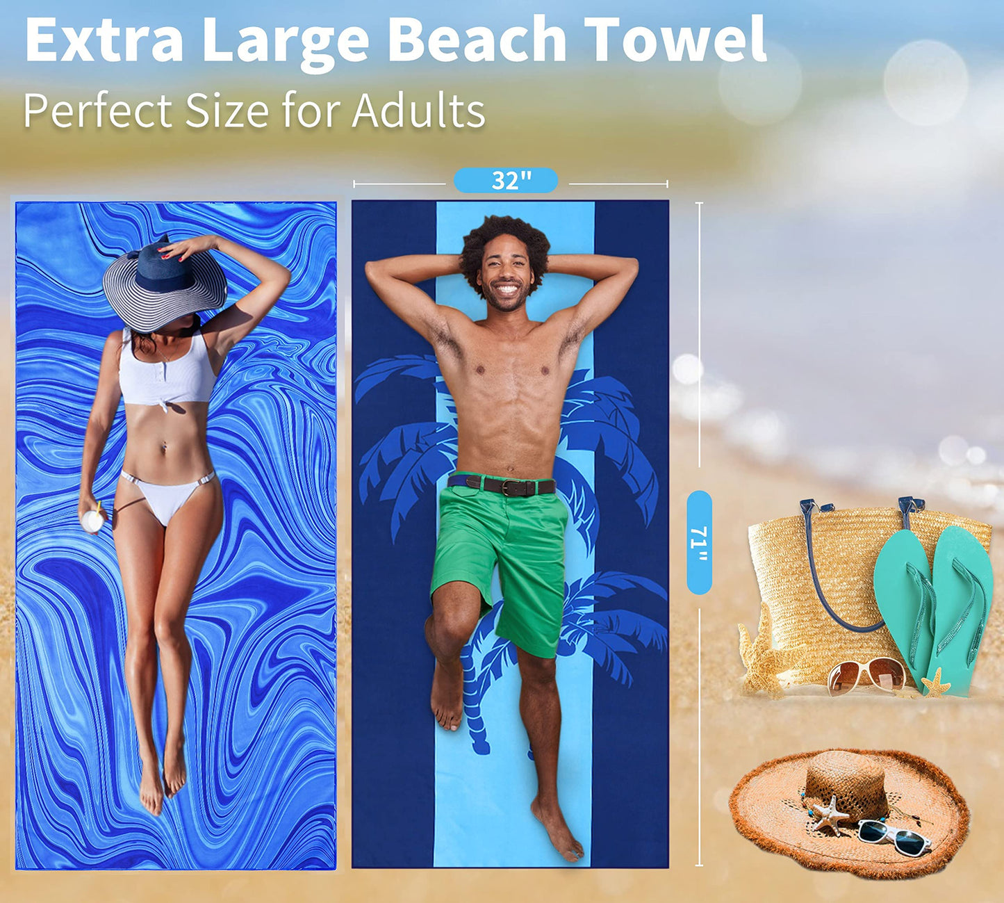 4 Pack Lightweight Thin Beach Towel Oversized 71"x32" Big Extra Large Microfiber Sand Free Towels for Adult Quick Dry Travel Beach Accessories Vacation Gift Coconut Tree Laguna Mandala Elephant