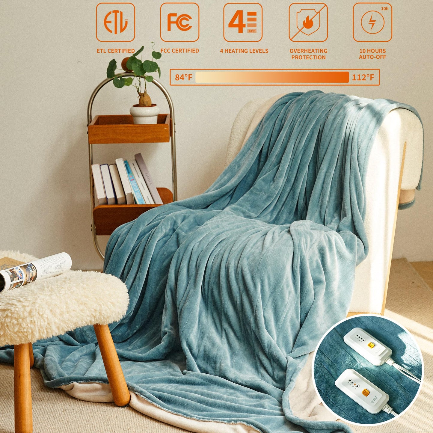 JET'S HOME Heated Blanket King 100"x90" - ETL&FCC Certified Flannel Electric Blanket Throw Machine Washable Heating Blanket with 4 Heating Levels 10 Hours Auto-Off Overheating Protection (Blue)