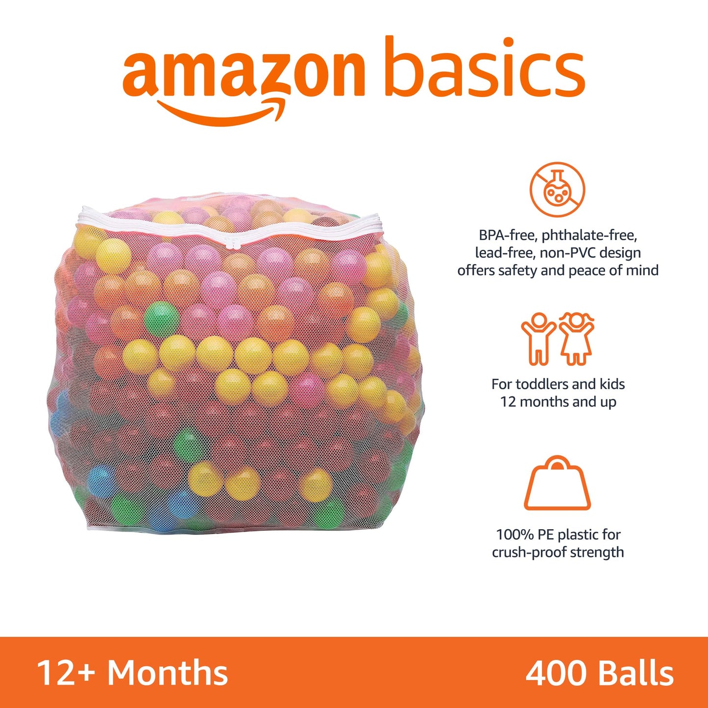 Amazon Basics BPA Free Crush-Proof Plastic Ball, Pit Balls with Storage Bag, Toddlers Kids 12+ Months, Pack of 400 Balls, 6 Bright Colors