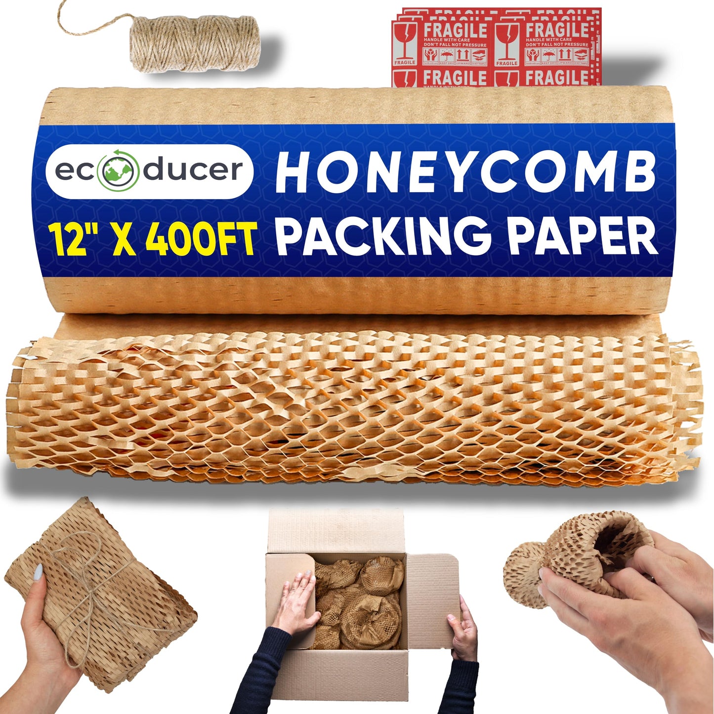 Honeycomb Packing Paper 12” x 400' | Bubble Paper Wrap Roll for Packing & Moving Supplies | Alternative to Bubble Plastic Wrap | Papier bulle pour déménagement | Plus Fragile Stickers & Rope