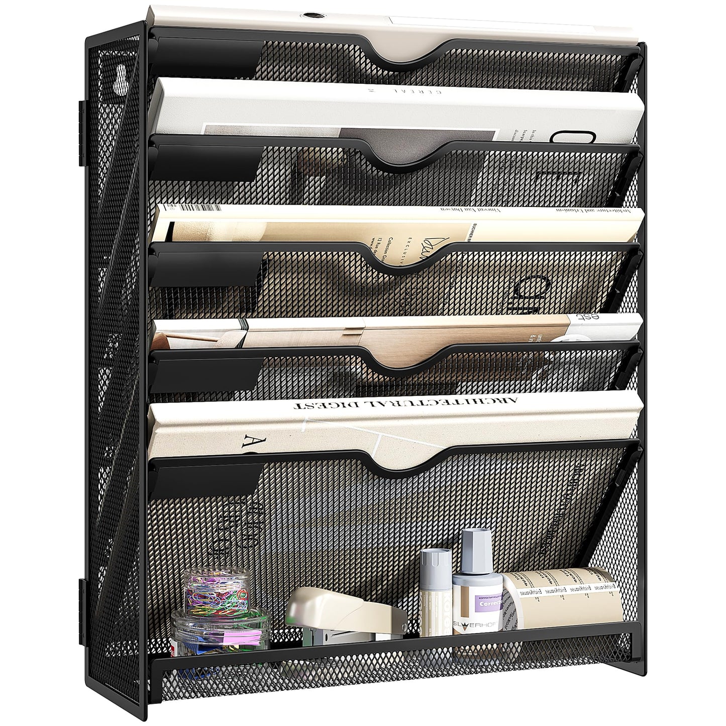 SUBEKYU File Organiser, 6-Tier A4 Wall Mounted Magazine File Holder for Mails Folders Papers, Vertical Document Organiser for Office Home - Black
