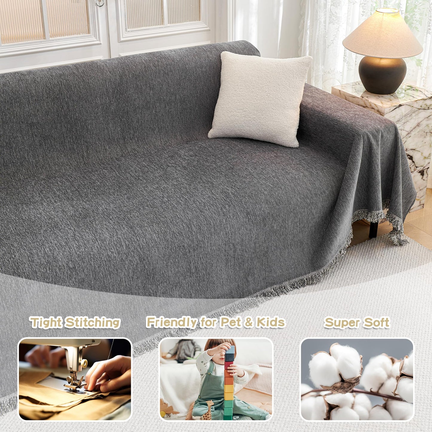 MYSKY HOME Couch Covers Sofa 2 Seat, Non-Slip Soft Sofa Slipcover Furniture Protector, Washable Futon Covers, Chenille Fabric Pet Friendly for Dogs, 71" x 118", Dark Grey