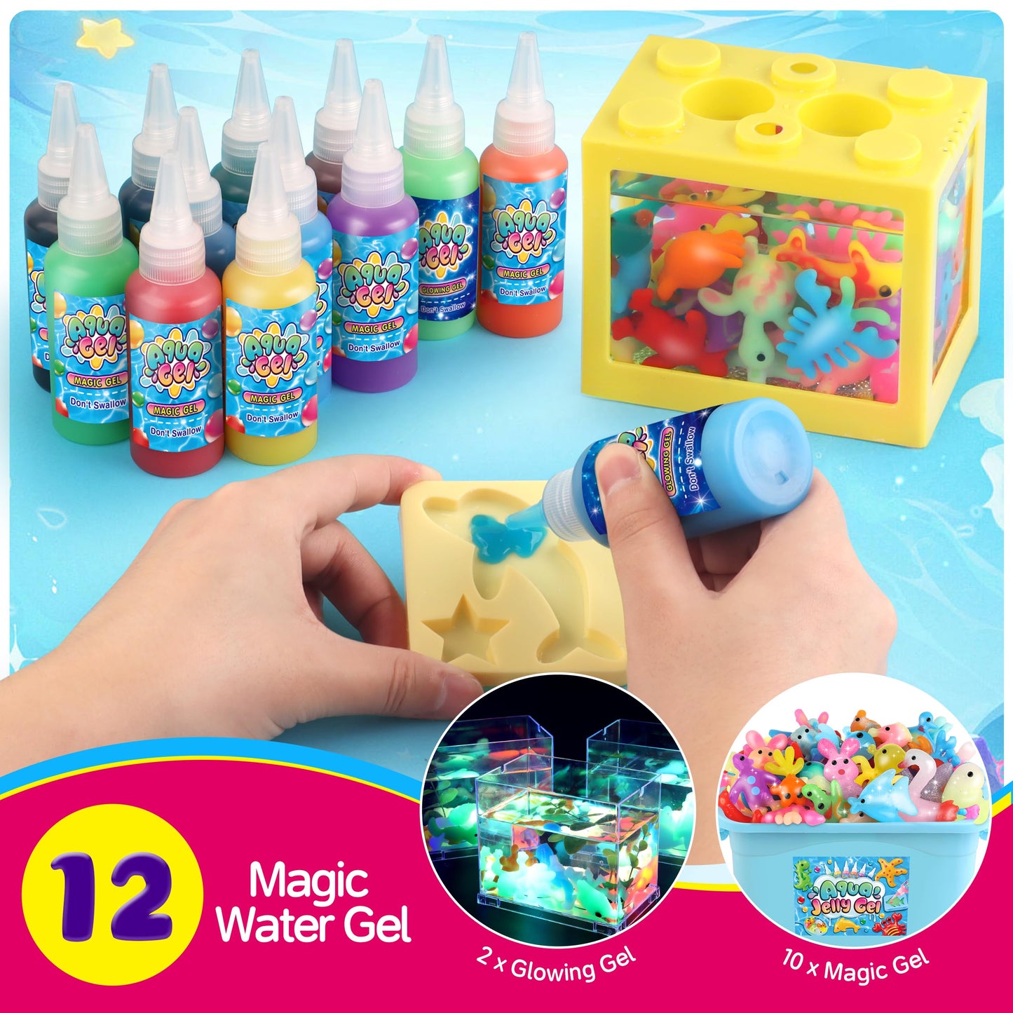 Aqua Fairy Water Gel Kit for Kid, Magic Water Elf Toy Kits with 12PCS Magic Gel and Animal Molds-Gift for Christmas,Birthday,New Year,Creative Art Craft Kit for Girls 6 7 8 10 Year Old