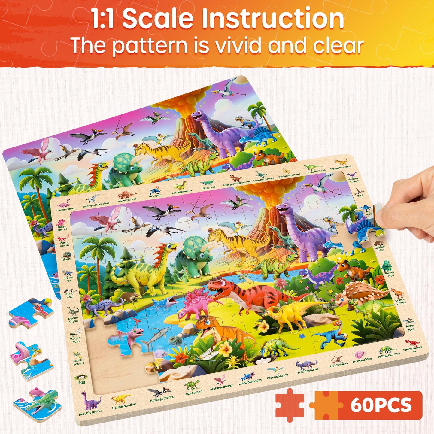 SYNARRY Wooden Dinosaur Farm Ocean Animal Puzzles for Kids Ages 4-6, 4 x 60 Piece Match & Find Puzzles for Kids Ages 3-5 Boys Girls, Preschool Educational Puzzle Toddlers Gifts for 4-8 Year Old