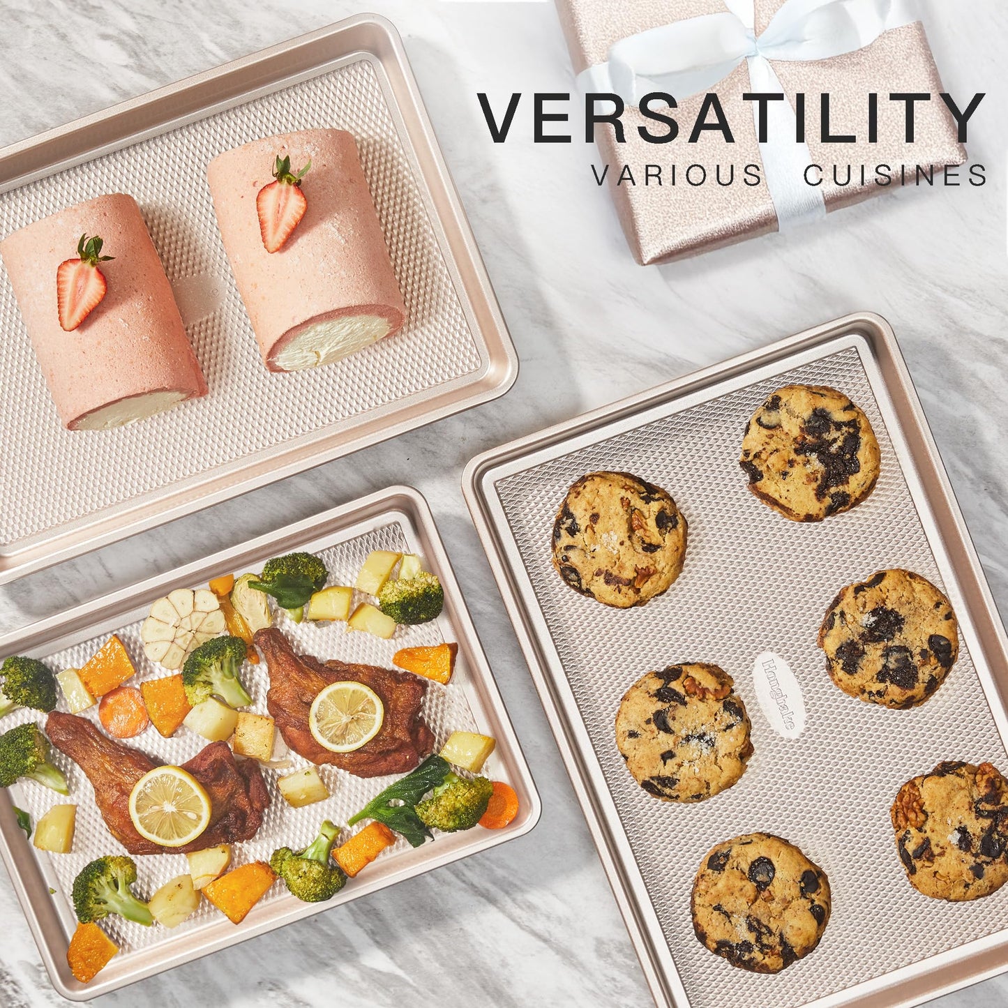 HONGBAKE Baking Sheet Pan Set, Cookie Sheets for Oven, Nonstick Half/Quarter/Jelly Roll Pans with Diamond Texture Pattern, Heavy Duty Cookie Tray