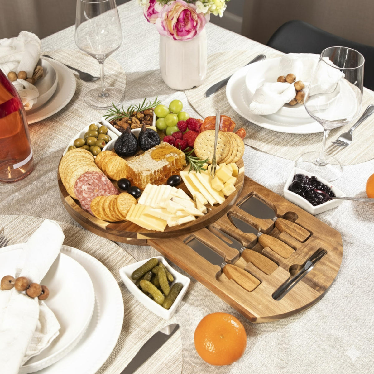 Acacia Cheese Board & Charcuterie Set with Ceramic Bowls – Premium Serving Board for Parties, Weddings, Christmas & Housewarming Gifts (Plain – No Engraving)