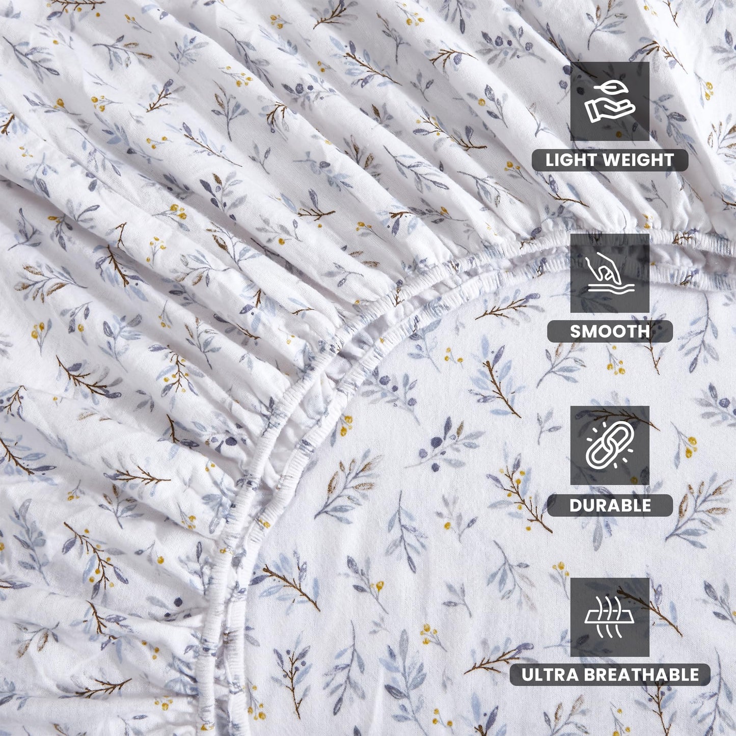 New Season - 100% Cotton Flannel Sheet Set Softly Brushed Cotton - Stylish Printed Bed Sheets - Warm, Breathable Bed Sheets Set (Leaf & Berry White, Queen)