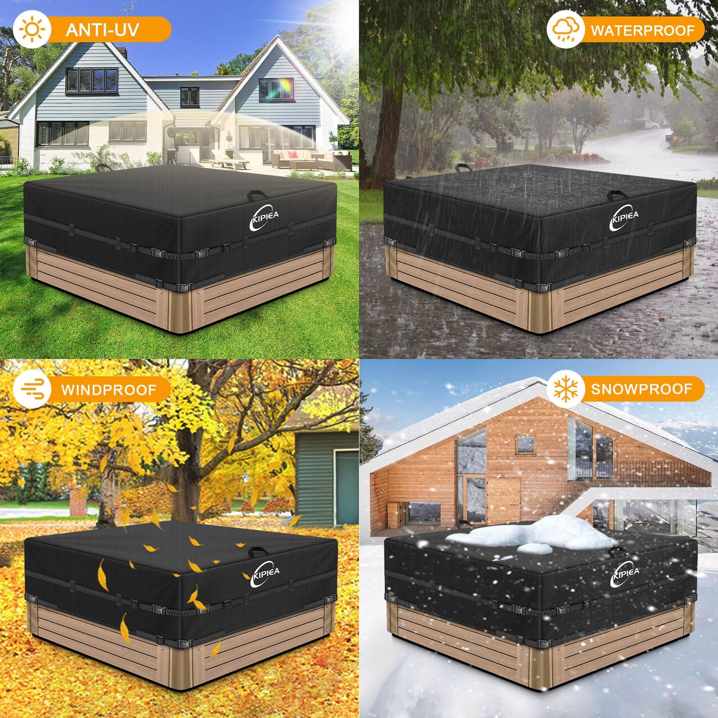 Kipiea Waterproof Square Hot Tub Cover Protector, Heavy Duty Polyester SPA Cover UV Protection Cover for Hot Tub (93" L x 93" W x 20" H)