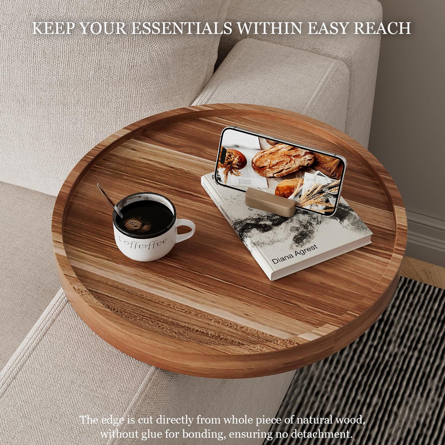 Semjar Acacia Wood Couch Arm Table,Adjustable Round Sofa Arm Tray,Wooden Chair Armrest Tables for Wide Thin Couches Arms,Trayble Couch Companion Armchair Table for Eating