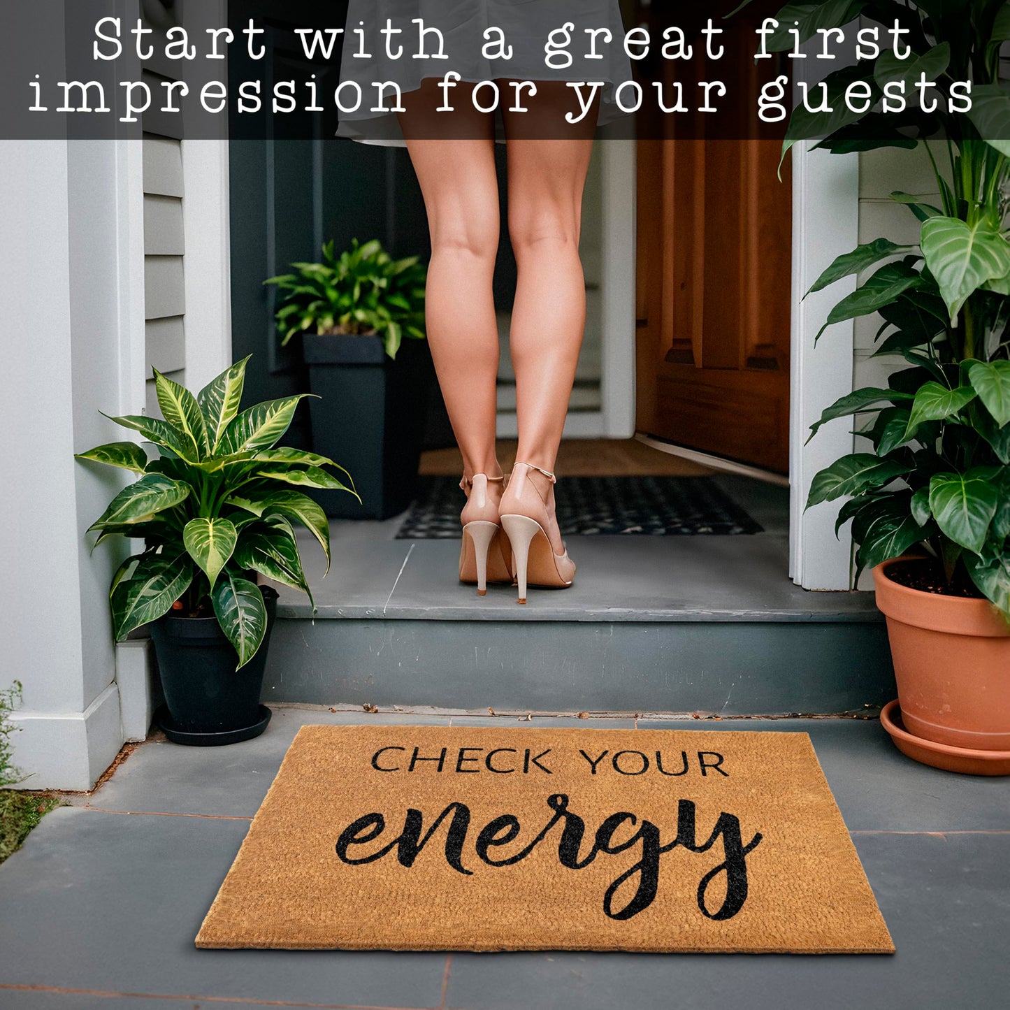 Check Your Energy Doormat Outdoor Entrance 30x17 Inch, Outdoor Spaces, Check Your Energy Welcome Mat, Funny Outdoor Door Mat