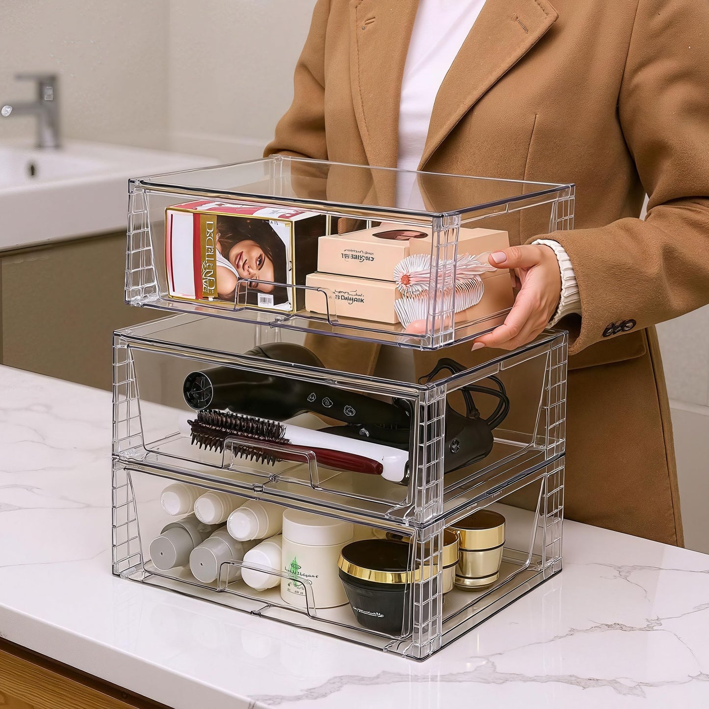 XWYWX Wide Large Stackable Storage Drawers(2 Pack),Multi-purpose Clear Plastic Organizer Bins with Handles, Easy to Assemble for Bathroom Home Closet Under Sink Kitchen Pantry Medicine Cabinet