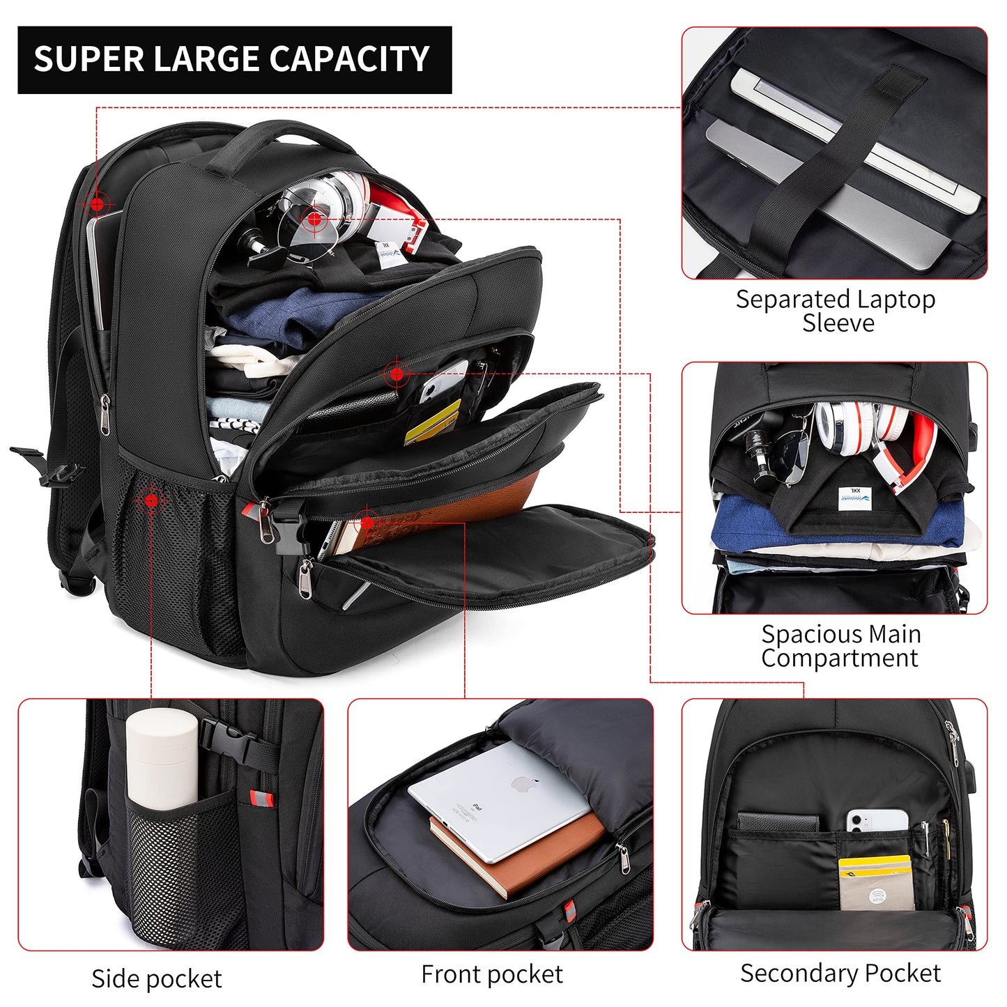 Backpack,17.3 inch Laptop Backpack,Large Bookbag Computer Rucksack with USB Charging Port,Water Resistant Sturdy Backpack for Business College School Travel,Men Women Casual Daypack,Black