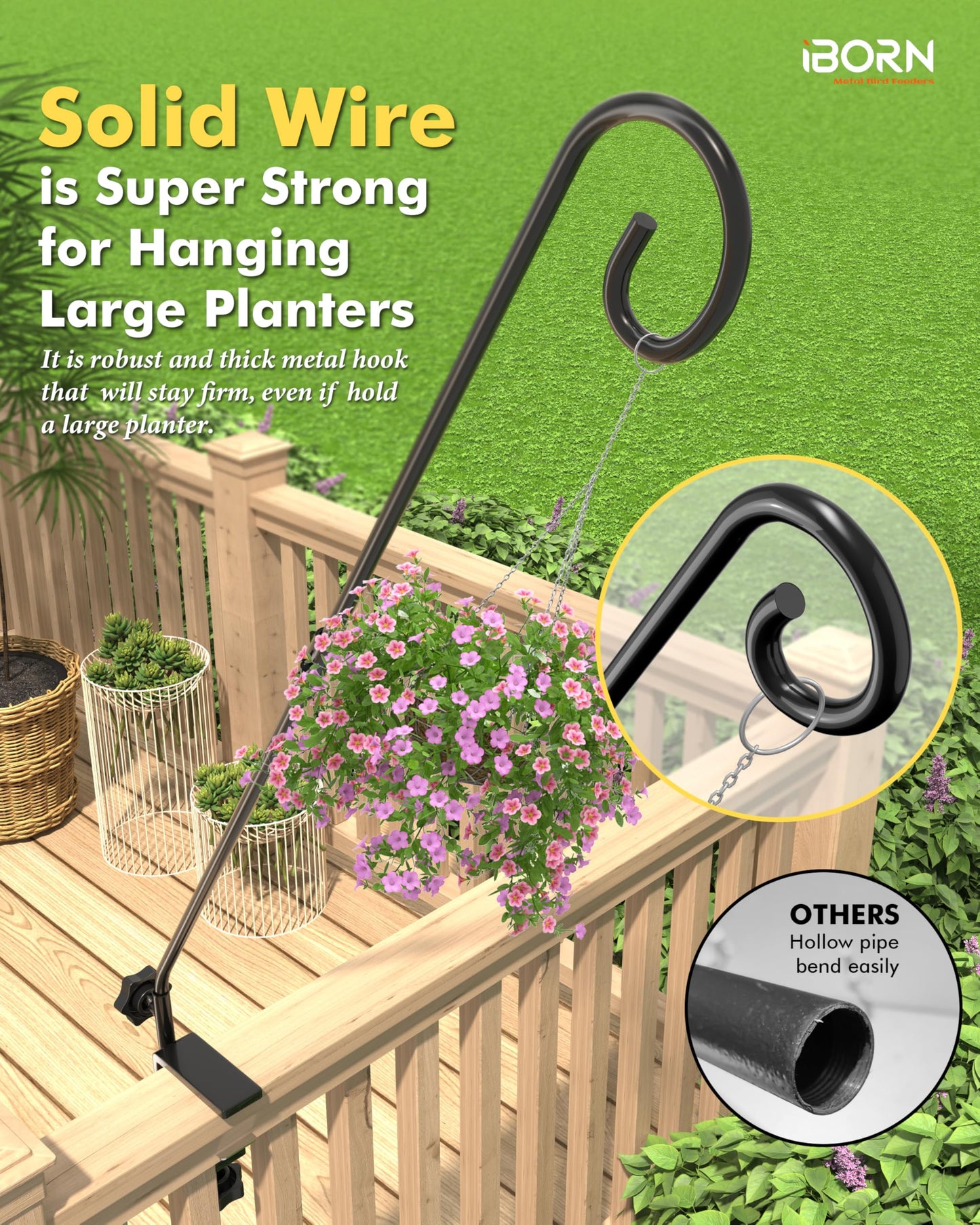 iBorn Deck Hook for Bird Feeder, Hummingbird Feeder Hanger for Deck Railing, Heavy Duty Deck Hanger for Outdoors Hanging, 360° Rotatable Arm, Solid Wire, 28 Inch, Pack of 1