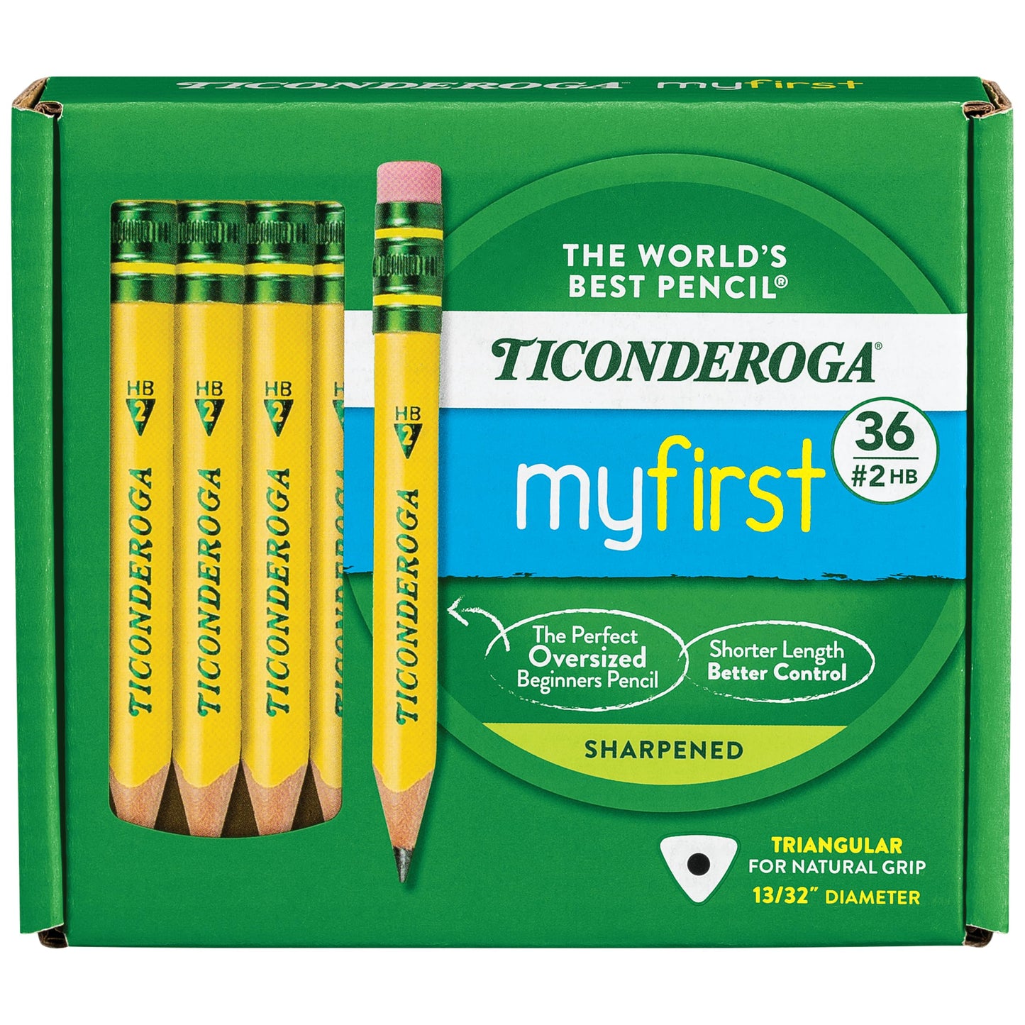 Ticonderoga My First Short Triangular Wood-Cased Pencils, #2 HB Soft, Yellow, 36 Count