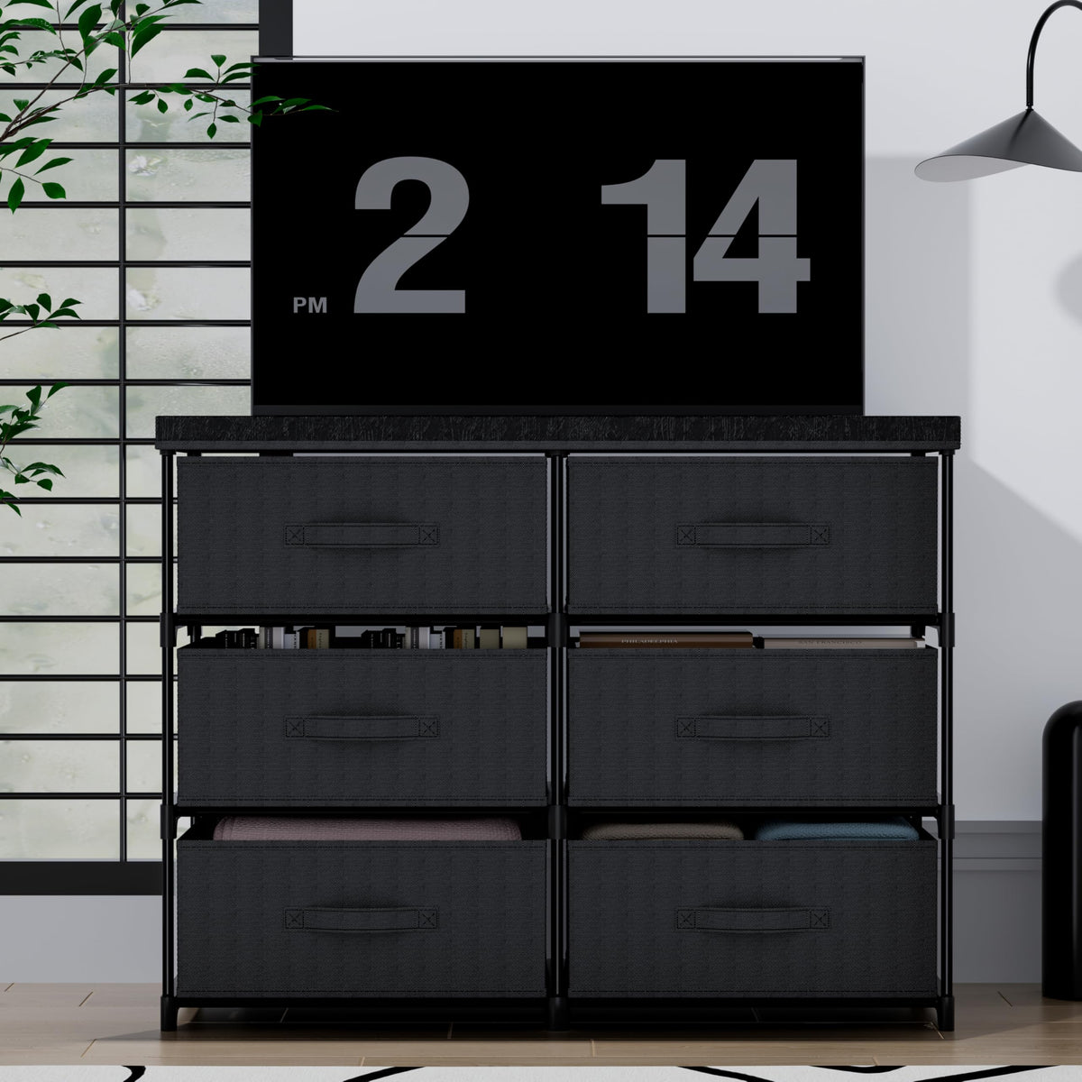 PPN Dresser with 6 Fabric Drawer Stand Desktop Sturdy Metal Plastic Support Tube Cube Storage Cabinet for Living Room, Bedroom Organization Dorm Front Hall Entryway Black