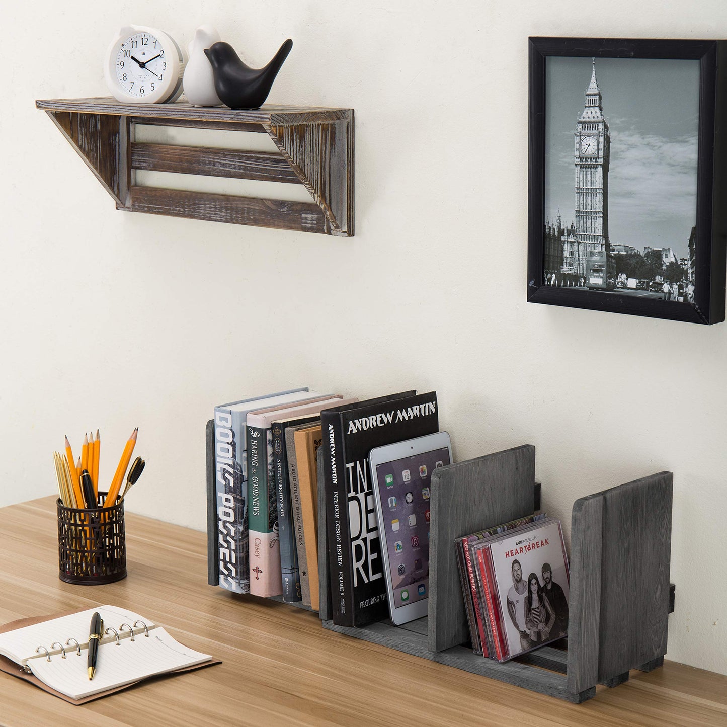 MyGift Expandable Gray Wood Desktop Bookshelf Organizer Rack
