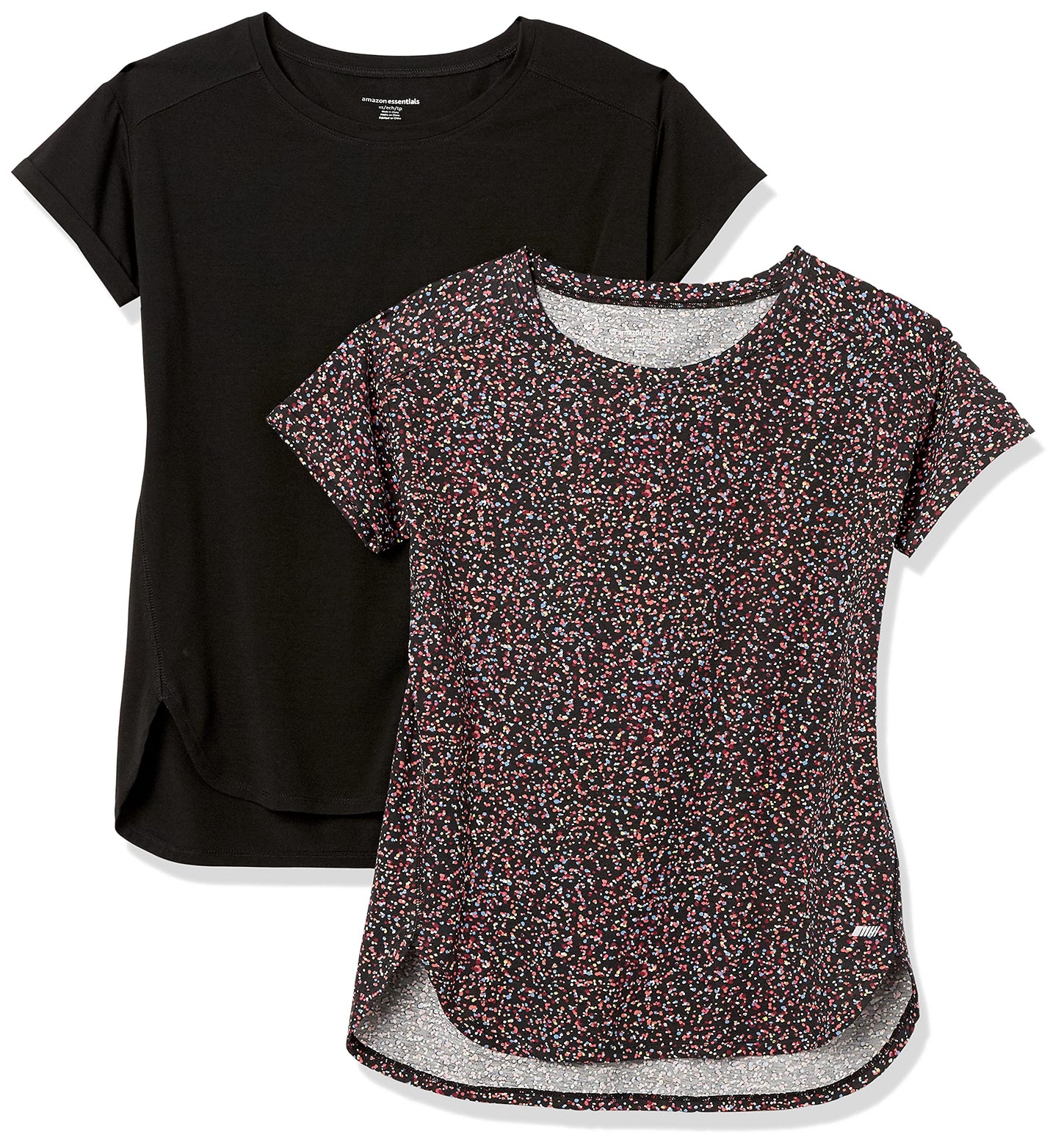 Amazon Essentials Women's 2-pack Studio Relaxed-fit Lightweight Crewneck T-Shirt, 2-pack Black/Black Multi Confetti Print, X-Large