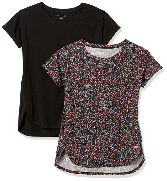 Amazon Essentials Women's 2-pack Studio Relaxed-fit Lightweight Crewneck T-Shirt, 2-pack Black/Black Multi Confetti Print, X-Large