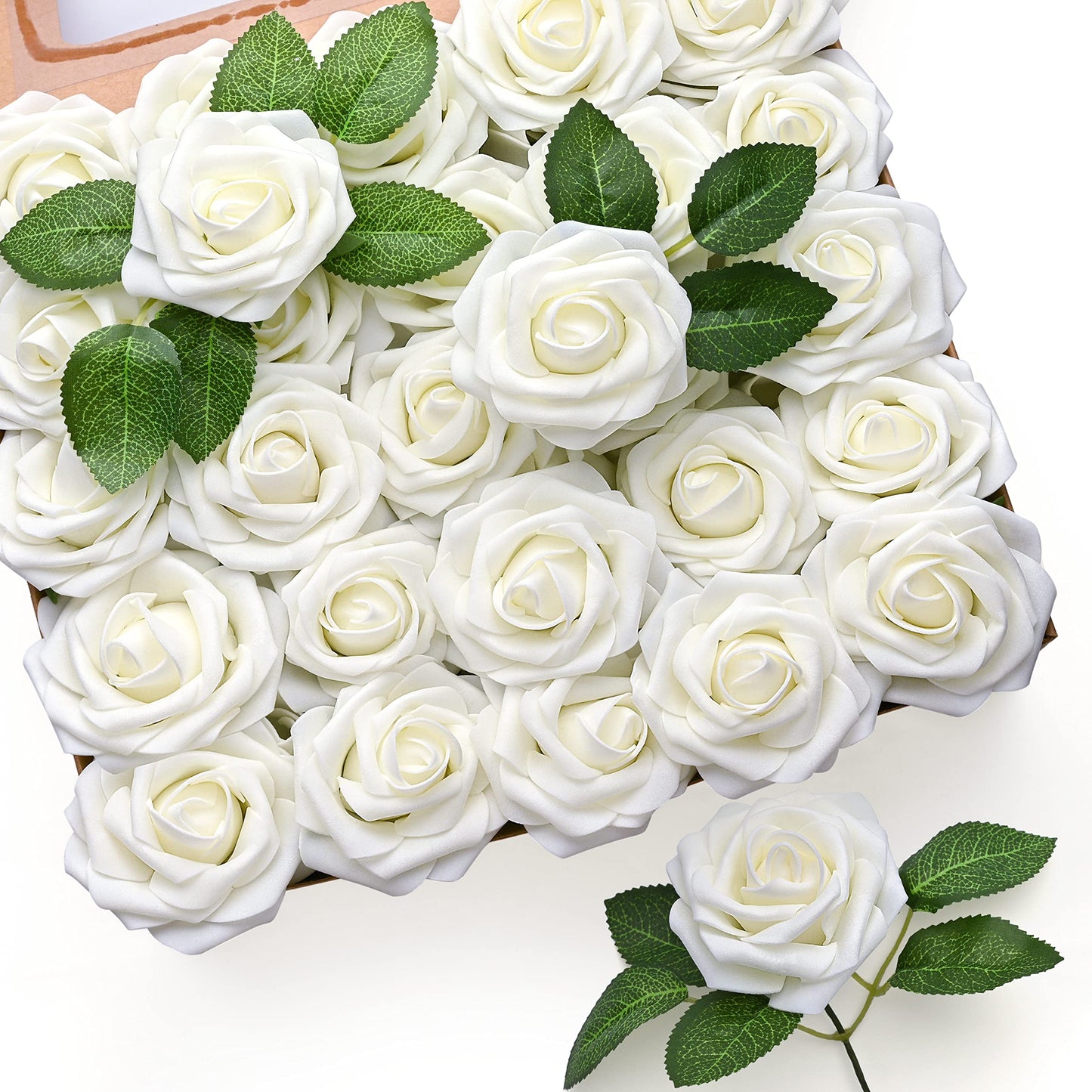 Mocoosy 50Pcs White Rose Artificial Flowers, Ivory Roses for Decorations, Real Touch Fake Rose with Stems Bulk DIY Wedding Bouquet Centerpiece Bridal Shower Floral Arrangement Party Home Table Decor