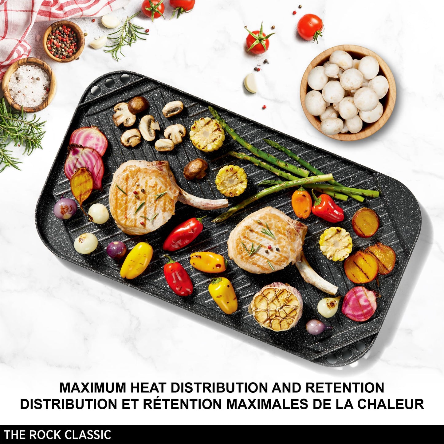 Starfrit The Rock 50x28cm (19.7" x 11") Non-Stick Reversible Grill & Griddle - Durable Forged Aluminum - Oven Safe - PFOA Free - Easy to Clean - Black
