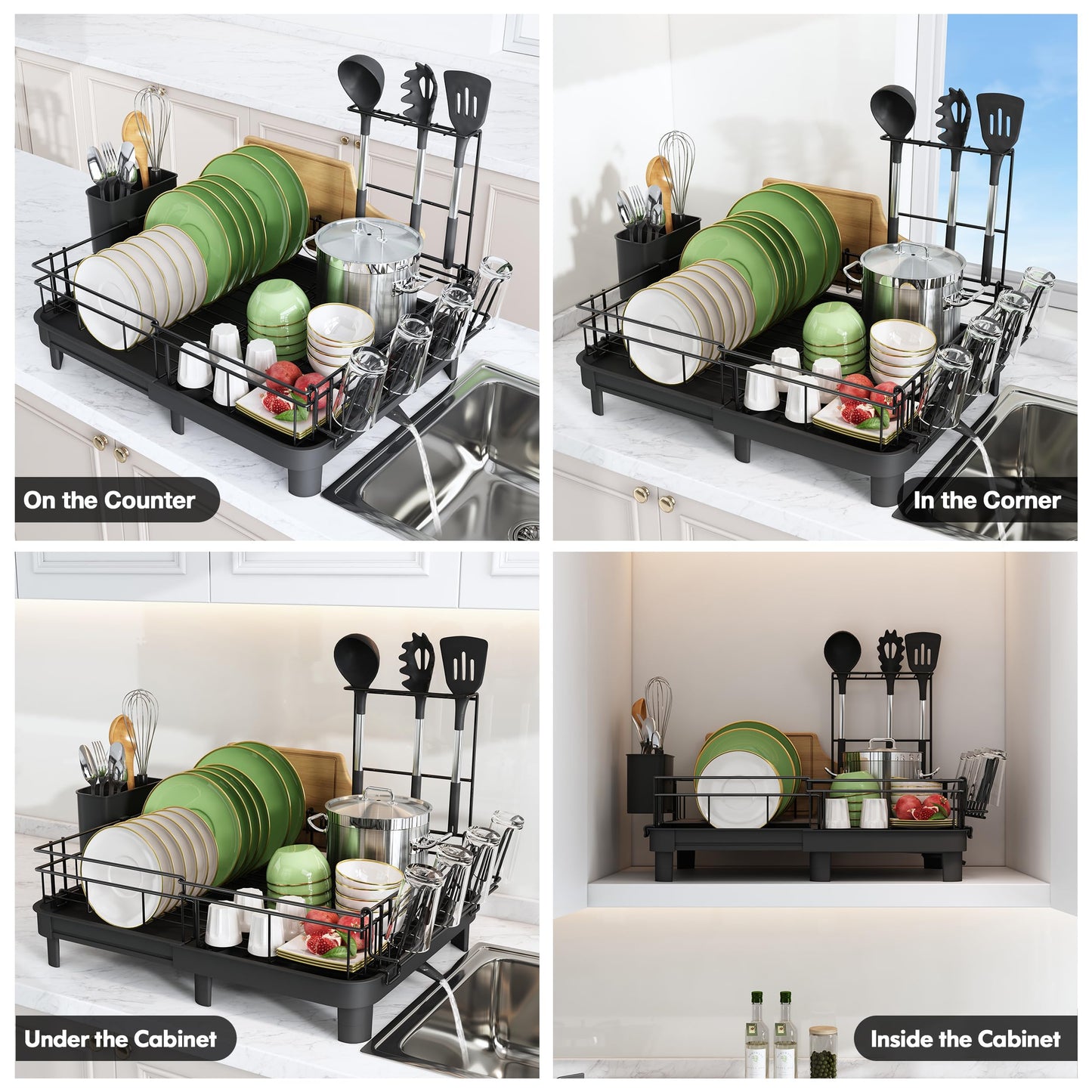 MAJALiS Extendable Dish Drying Rack - Dual Part Dish Racks with Drain Board, Adjustable Large Dish Drainer with Utensil Holder, Spatula Holder and Cutting Board Holder, X-Large 32.5-52 cm, Black
