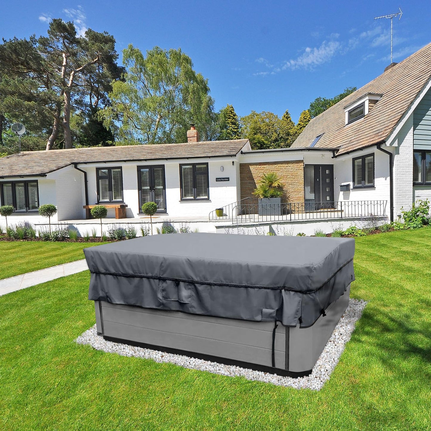 AKEfit Outdoor Waterproof and Weatherproof Hot Tub Cover 85 x 85 inch fit 84 x 84 or 83 x 83 or 82 x 82 or 7 ft x 7 ft Square SPA 600D Heavy Duty Cover Protectors Protective Cover Cap