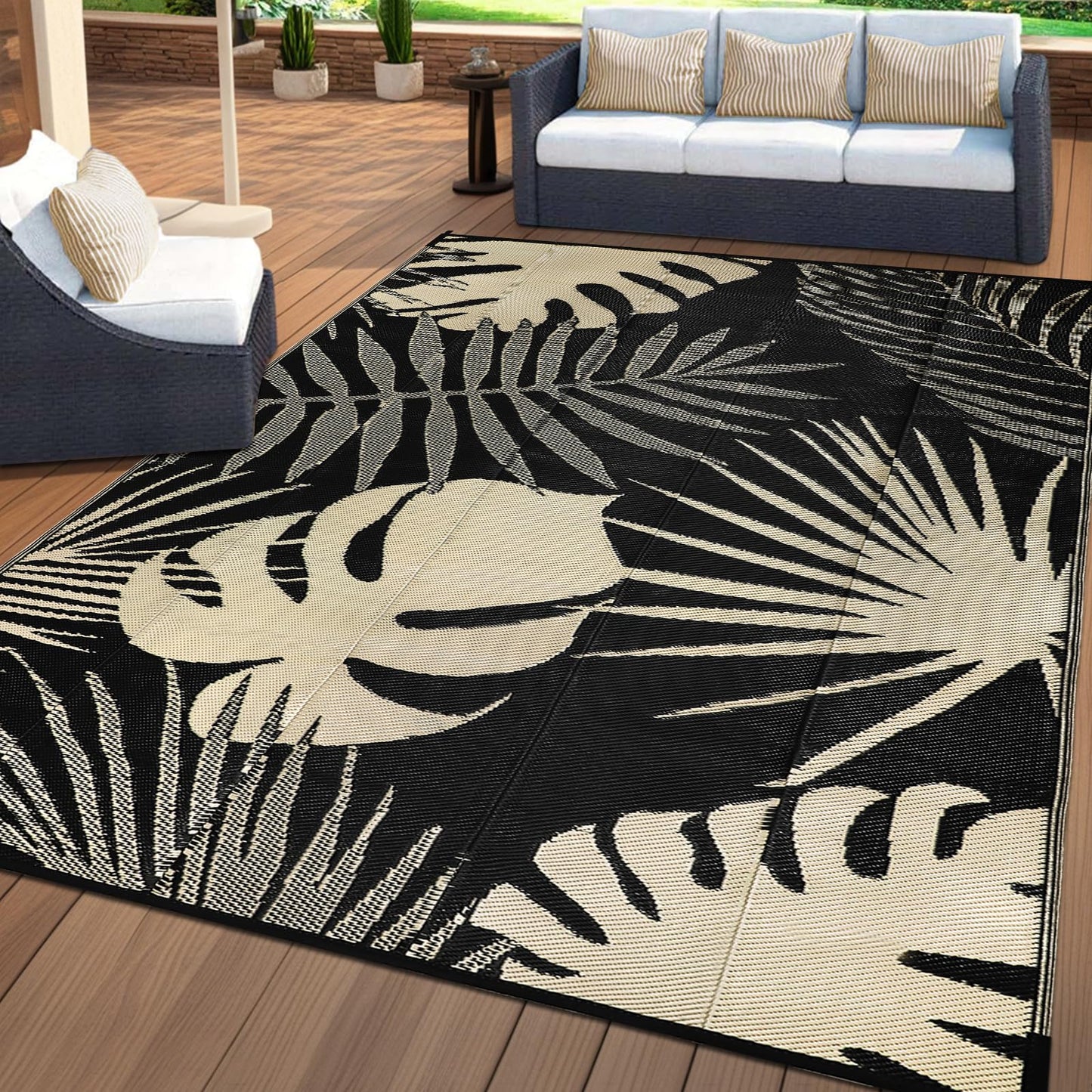 Waterproof Outdoor Rug 8x10 ft, Reversible Plastic Straw Mat with Leaf Pattern, Large Floor Mat for Patio, Camping, Picnic, Backyard RV, Deck, Black Camel