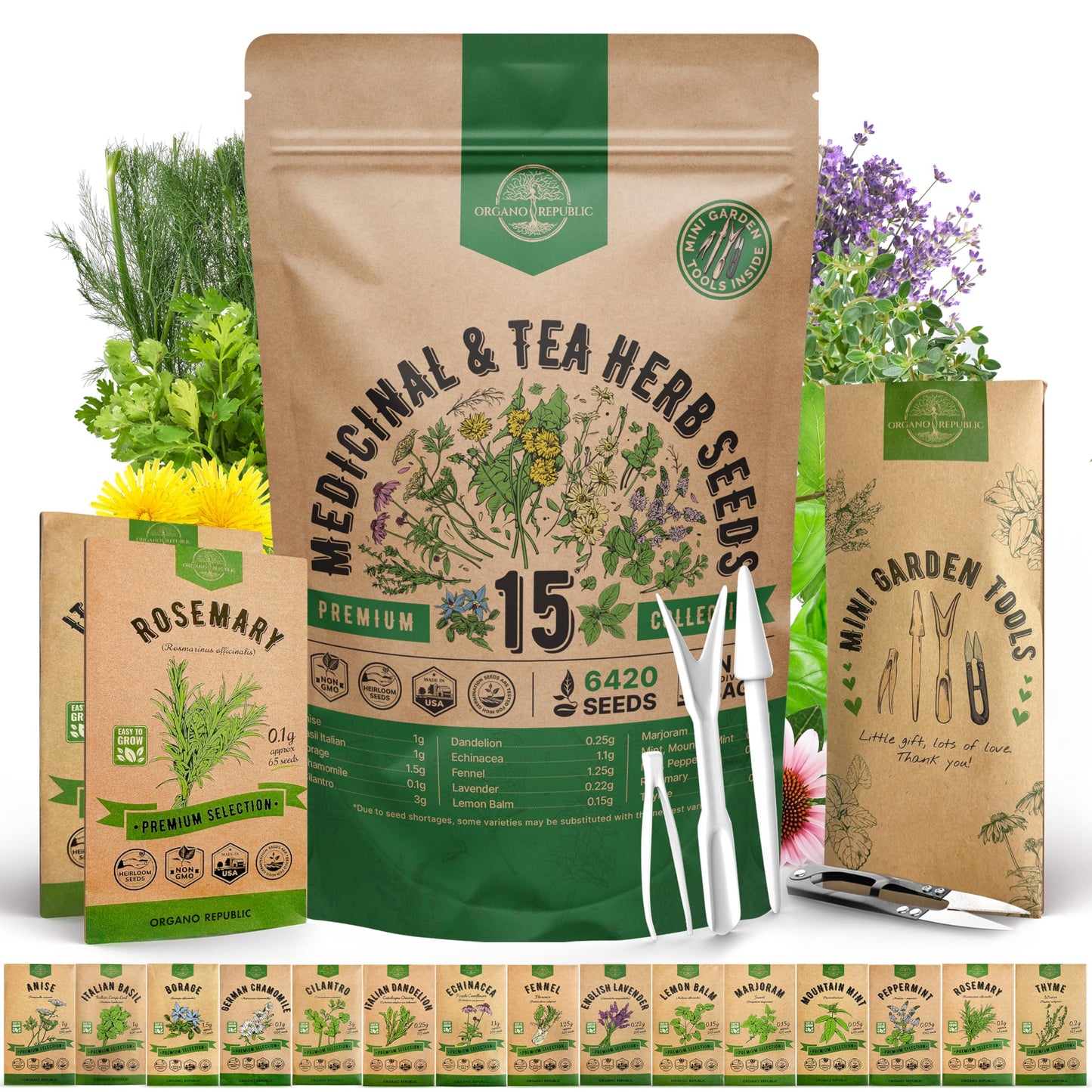 15 Medicinal & Tea Herb Seeds Variety Pack for Planting Indoor & Outdoors. 3600+ Non-GMO Heirloom Herbal Garden Seeds: Anise, Borage, Cilantro, Chamomile, Dandelion, Rosemary, Peppermint Seeds & More