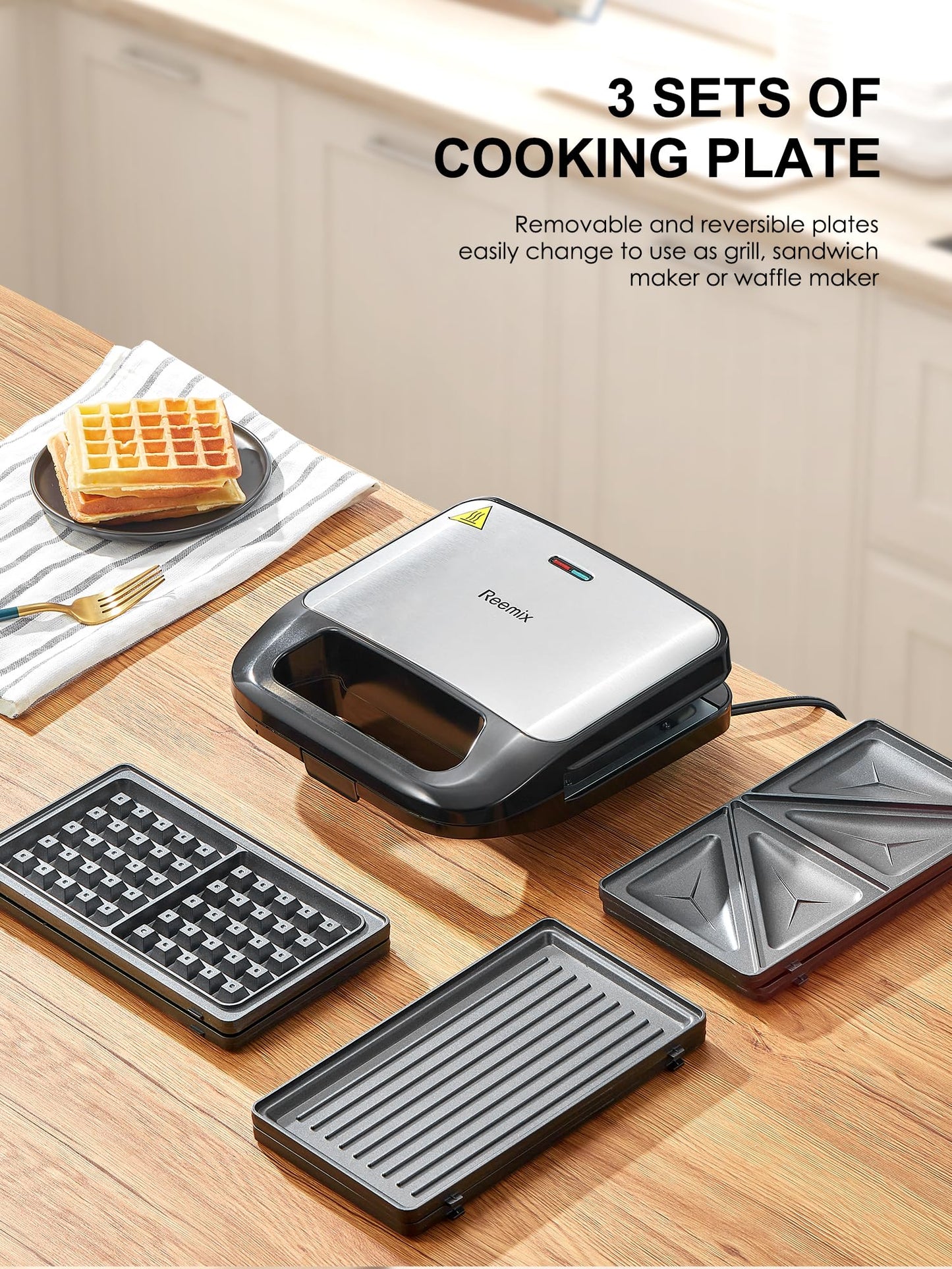 Reemix 3-in-1 Waffle, Grill & Sandwich Maker, Panini Press Grill and Waffle Iron Set with Removable Non-Stick Plates, Perfect for Cooking Grilled Cheese, Tuna Melts, Burgers, Steaks and Snacks, Black
