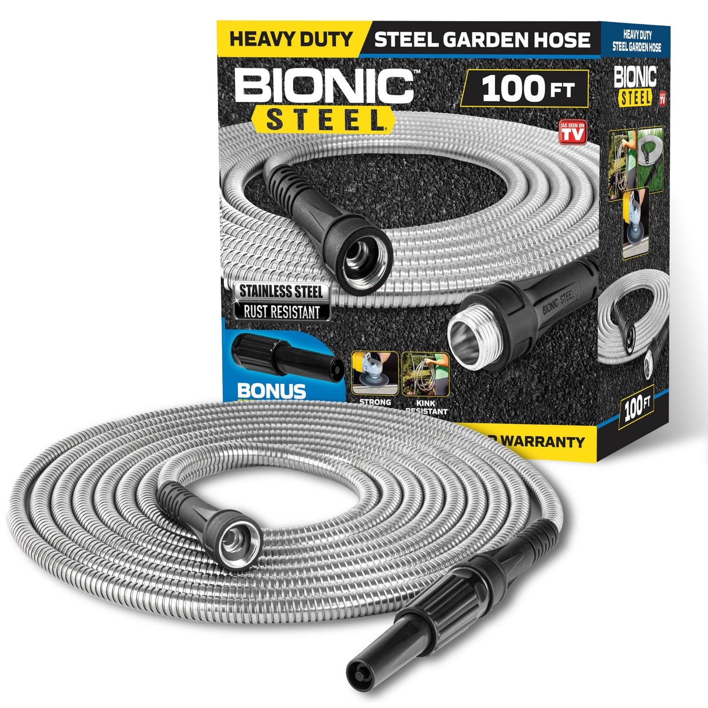 Bionic Steel 100 Ft Garden Hose with Nozzle, Rust Proof 304 Stainless Steel Water Hose 100Ft with 3/4 Aluminum Fittings, Flexible, Heavy Duty, Lightweight, Non Kinking, 500 PSI - 2025 Model