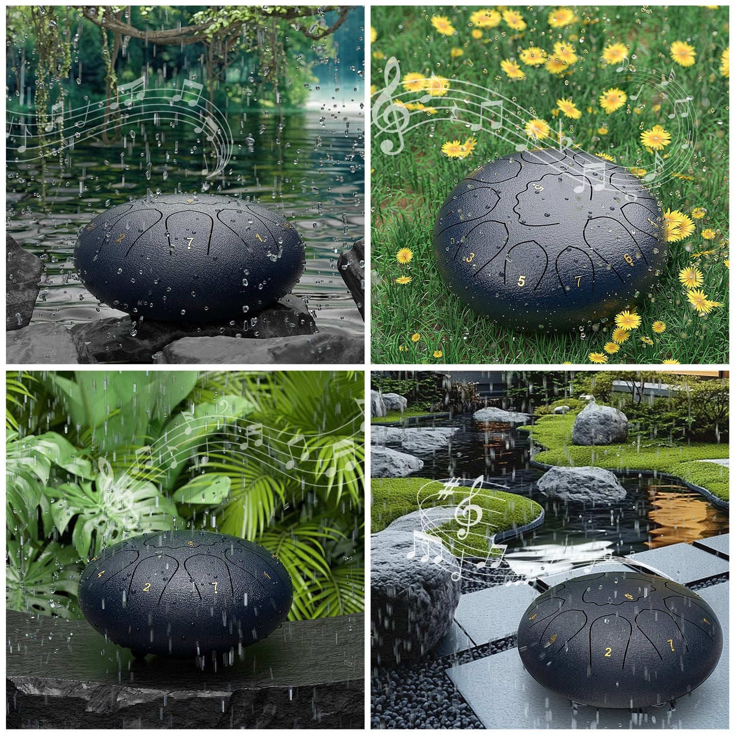Rain Drum for Outside Garden, 8 Inches 11 Notes Steel Tongue Drum, Waterproof Meditation Rain Chime, Musical Instruments for Adult Gift with Bag, Music Book, Mallets (Navy Blue)