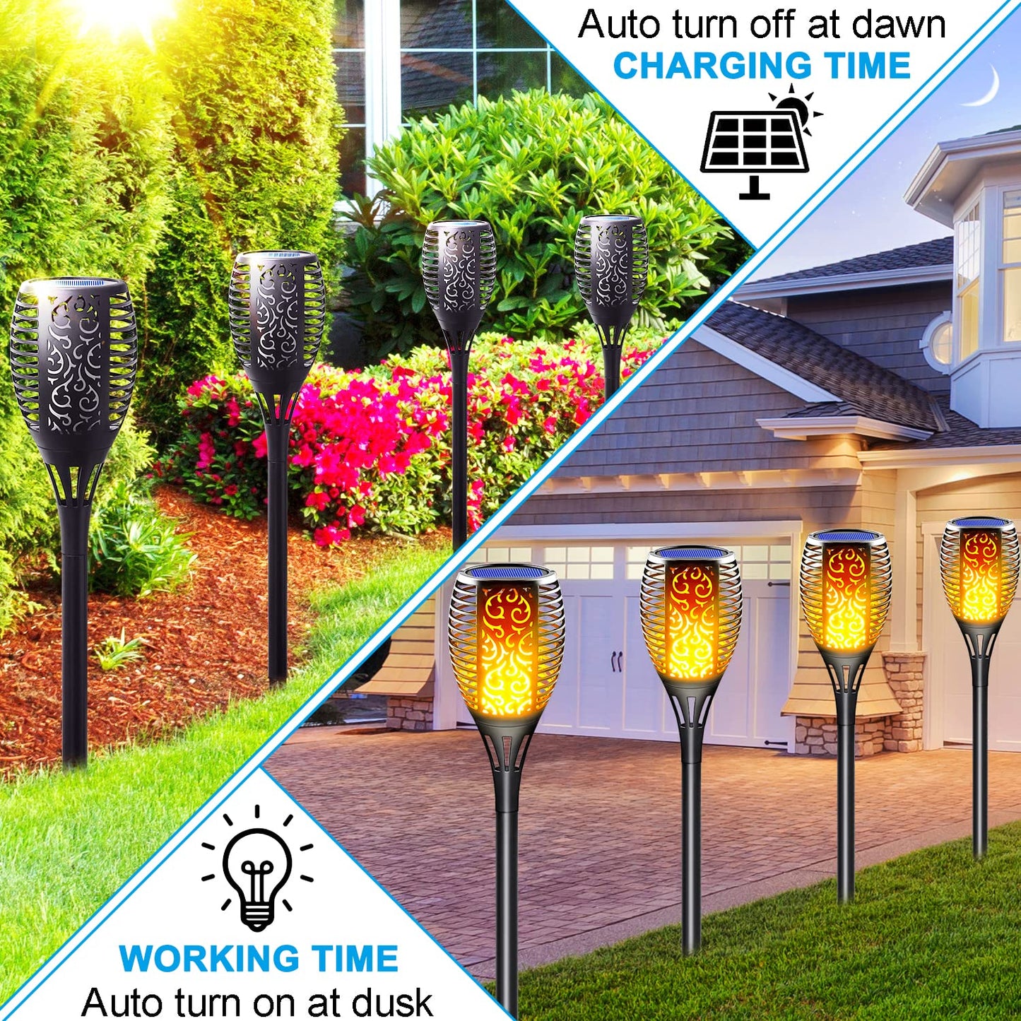LazyBuddy 8 Pack Large Solar Tiki Torches Outdoor Waterproof - Realistic Flickering Flame 3-in-1 Hanging Lantern with Detachable Hook - All-Weather Canadian Garden, Pathway & Halloween Lights