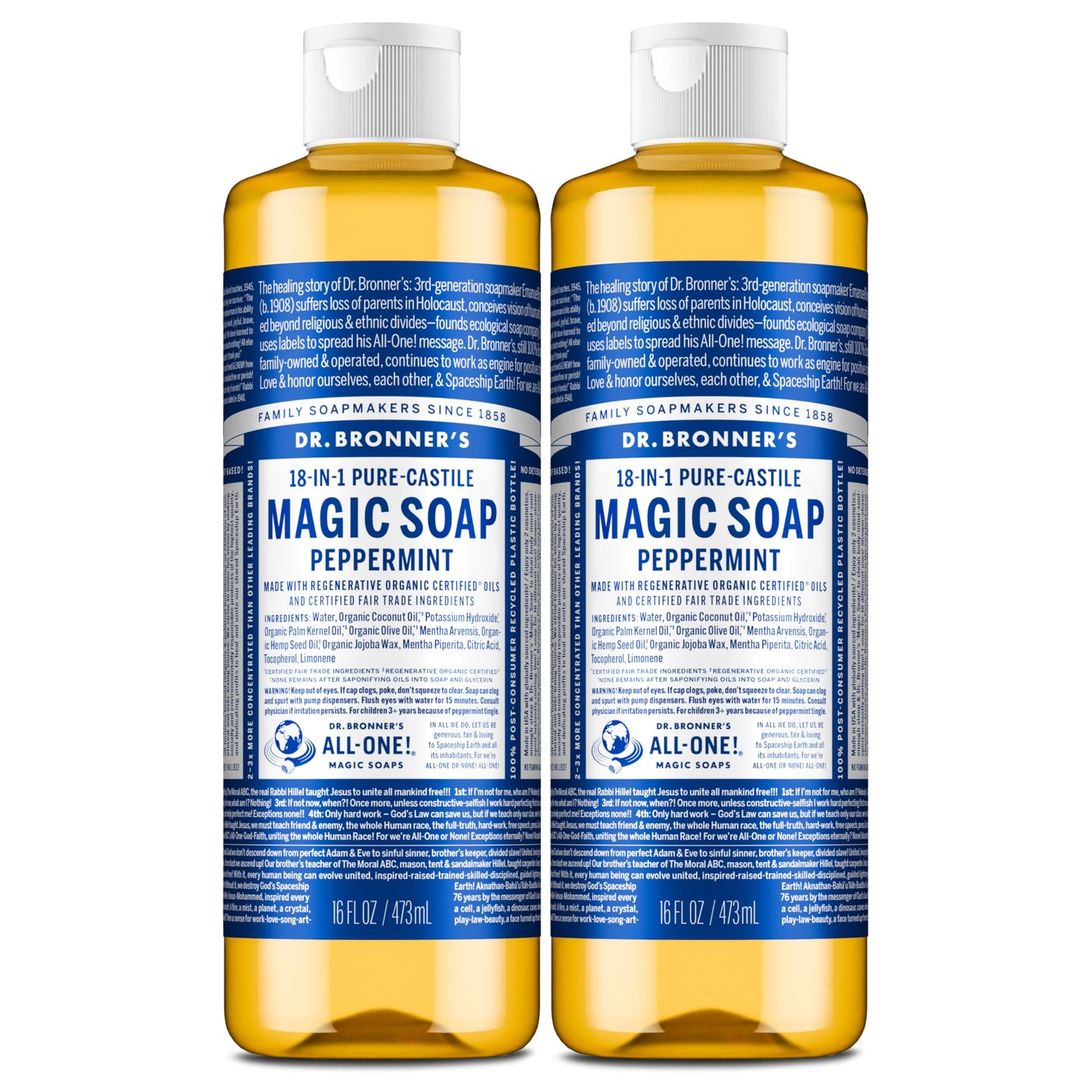 Dr. Bronner’s - Pure-Castile Liquid Soap (Peppermint, 473 mL, 2-Pack) - Made with Organic Oils, 18-in-1 Uses: Face, Body, Hair, Laundry, Pets and Dishes, Concentrated, Vegan, Non-GMO