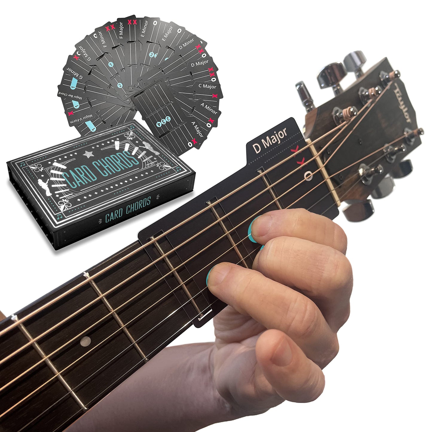 Learn Guitar in Minutes Deluxe Edition with Case Card Chords (Fits All Guitars) GUITAR CHORDS allow you to PLAY the ACOUSTIC or ELECTRIC Guitar while the CARD is on the FRETBOARD Guitar Gift