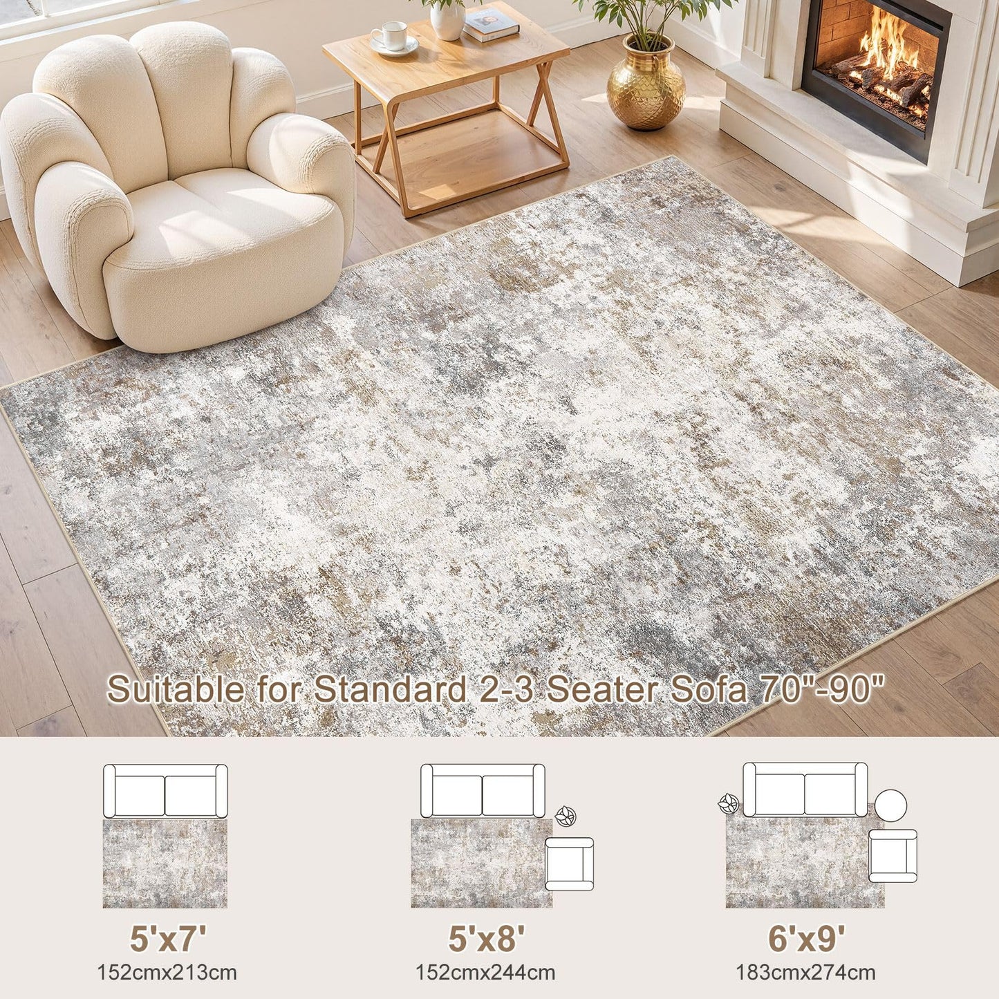 UERMEI 5x7 Area Rug Living Room Rugs - Washable Neutral Modern Abstract Soft Thin Large Rug Indoor Floor No Slip Rug Carpet for Bedroom Under Dining Table Home Office Decor - Brown Grey