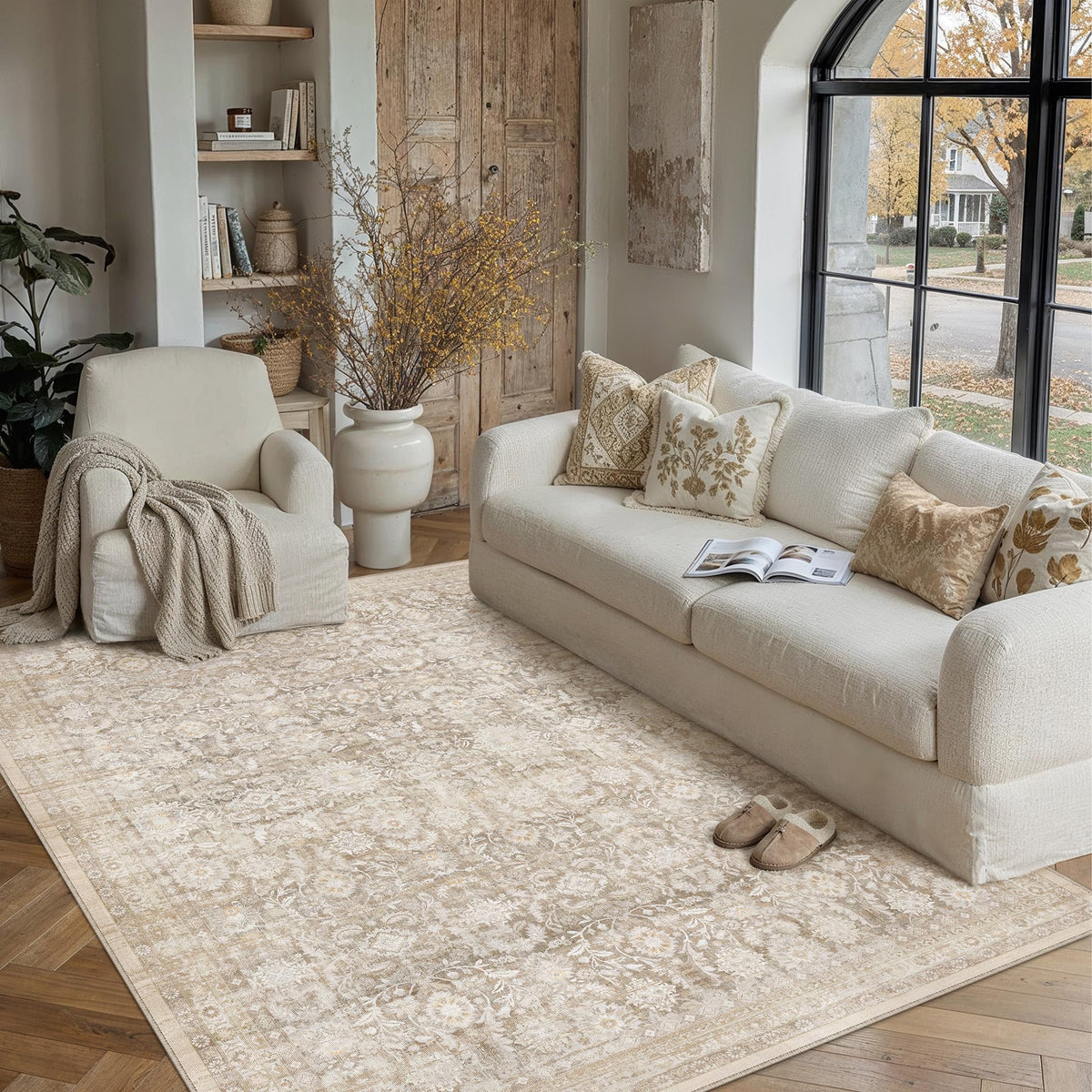 PureCozy 5x7 Beige Washable Area Rugs Living Room Floral Accent Distressed Carpet Non Slip Soft Tapis Salon Low Pile Throw Rug Stain Resistant for Bedroom Dinning Room Office Farmhouse Nursery