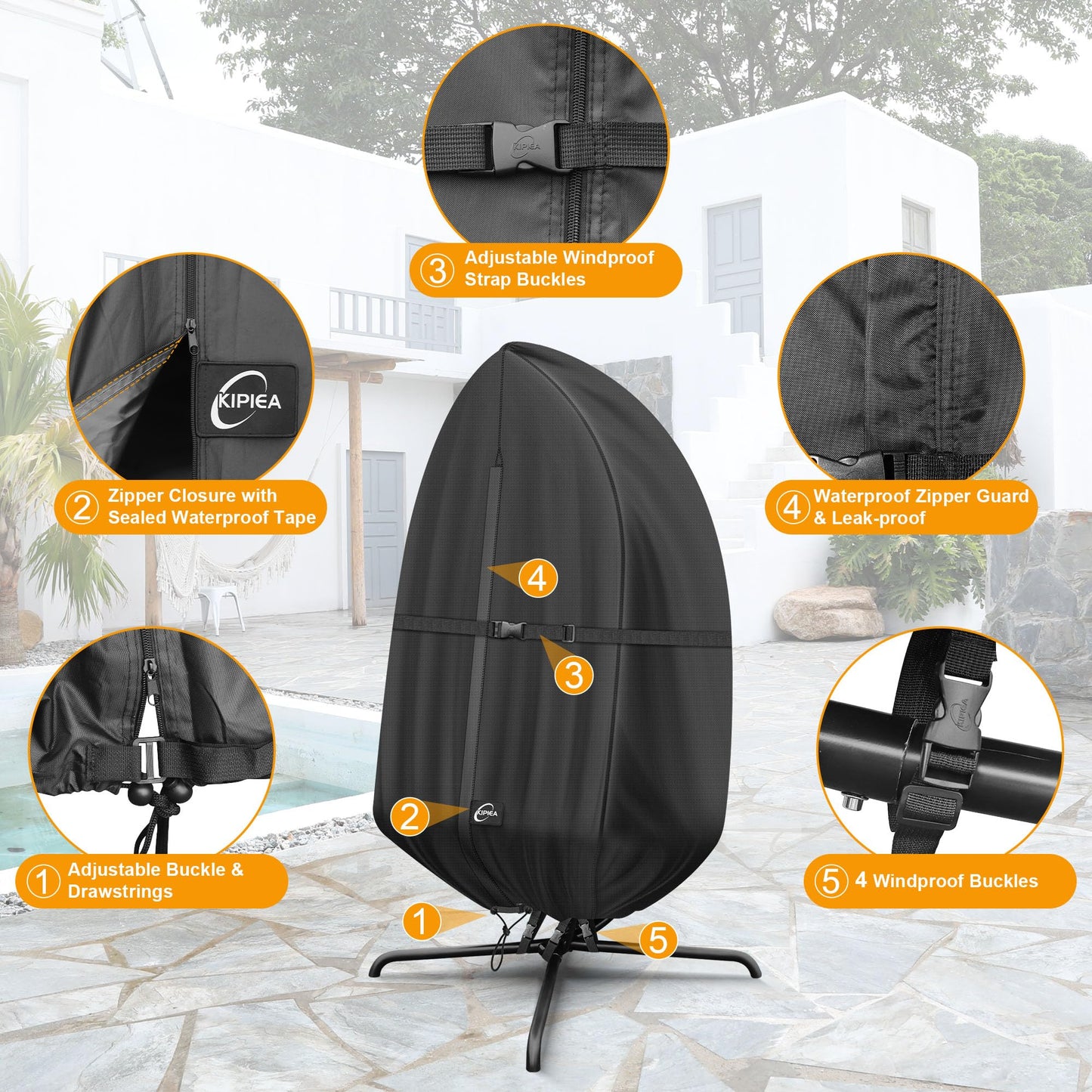 Kipiea Patio Egg Chair Covers Waterproof, Upgraded Outdoor Hanging Egg Chair Covers with Waterproof Zipper, 420D Single Seat Swing Chair Cover, Windproof, Anti-UV, No Tears ( Up to 45" W x 75"H )