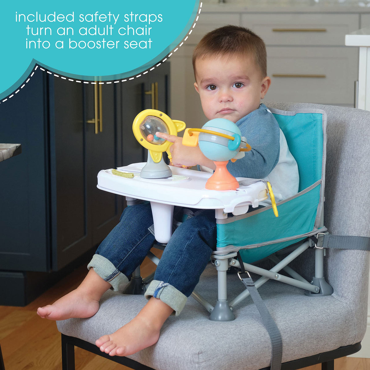 Summer Infant Pop ‘N Sit Eat ‘N Play Baby Pop Up Chair for Meals and Playtime with Removeable Tray and Toys, Portable Booster Folds for Travel, Blue / Gray