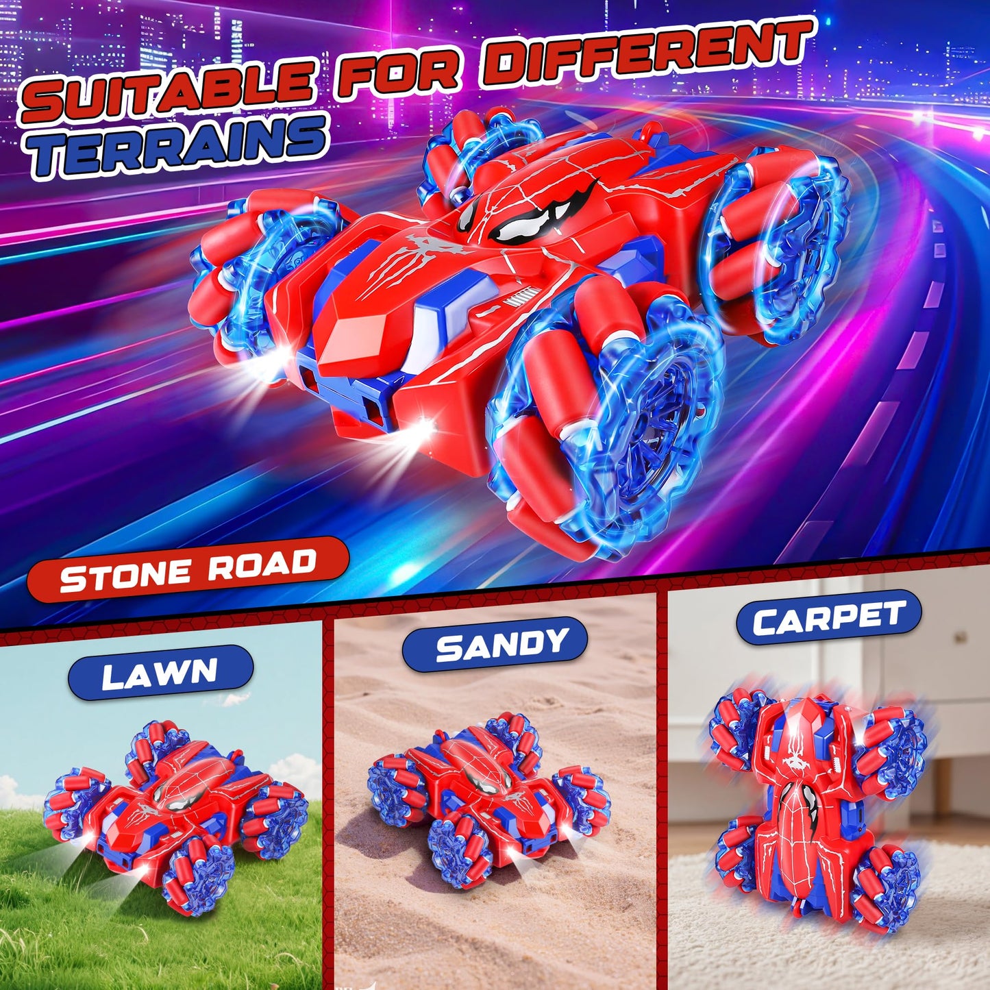 Kssvzz Spider Remote Control Cars for Kids, RC Stunt Car with Light Strip, 2.4 Ghz RC Cars, Boys Toys Age 4 5 6 7 8 9 10 Year Old, Car Toy for Boys Age 4-6 5-7 8-12, Rechargeable Spider Toys