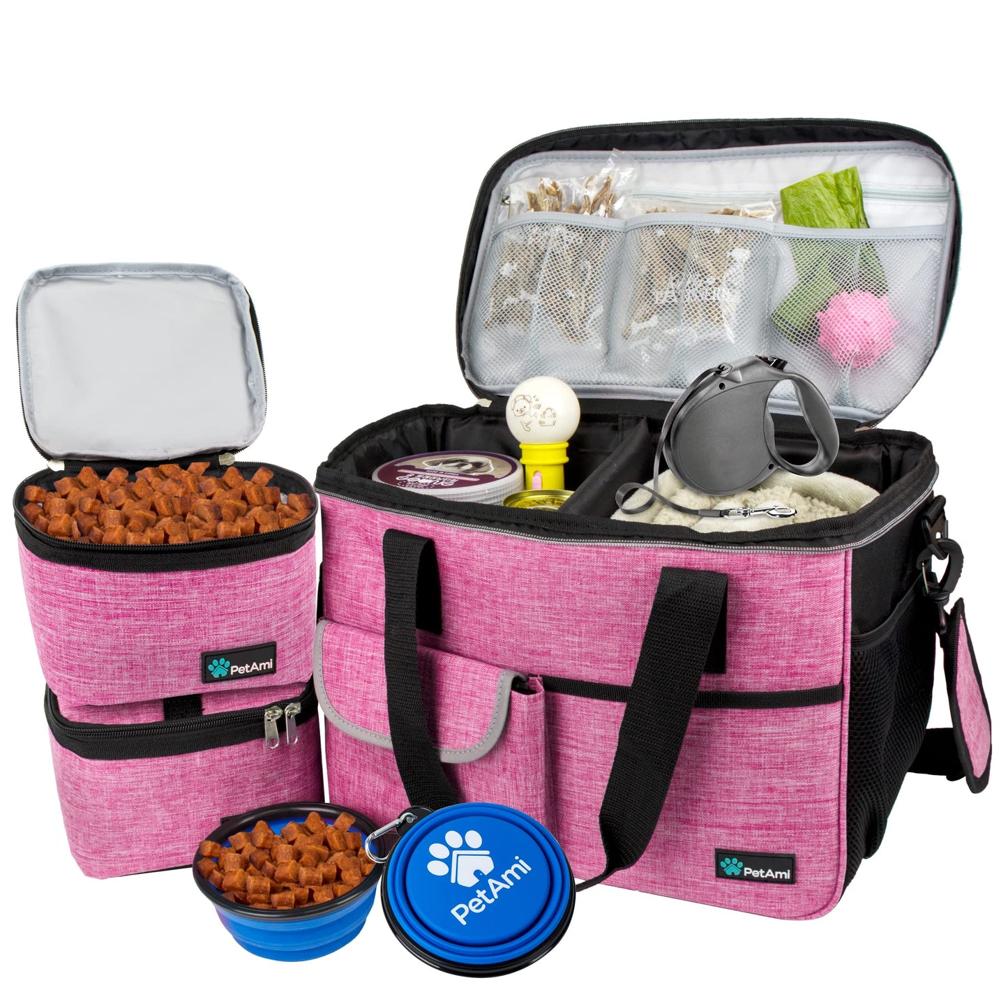 PetAmi Dog Travel Bag | Airline Approved Tote Organizer with Multi-Function Pockets, Food Container Bag and Collapsible Bowl | Perfect Weekend Pet Travel Set for Dog, Cat (Pink, Small)