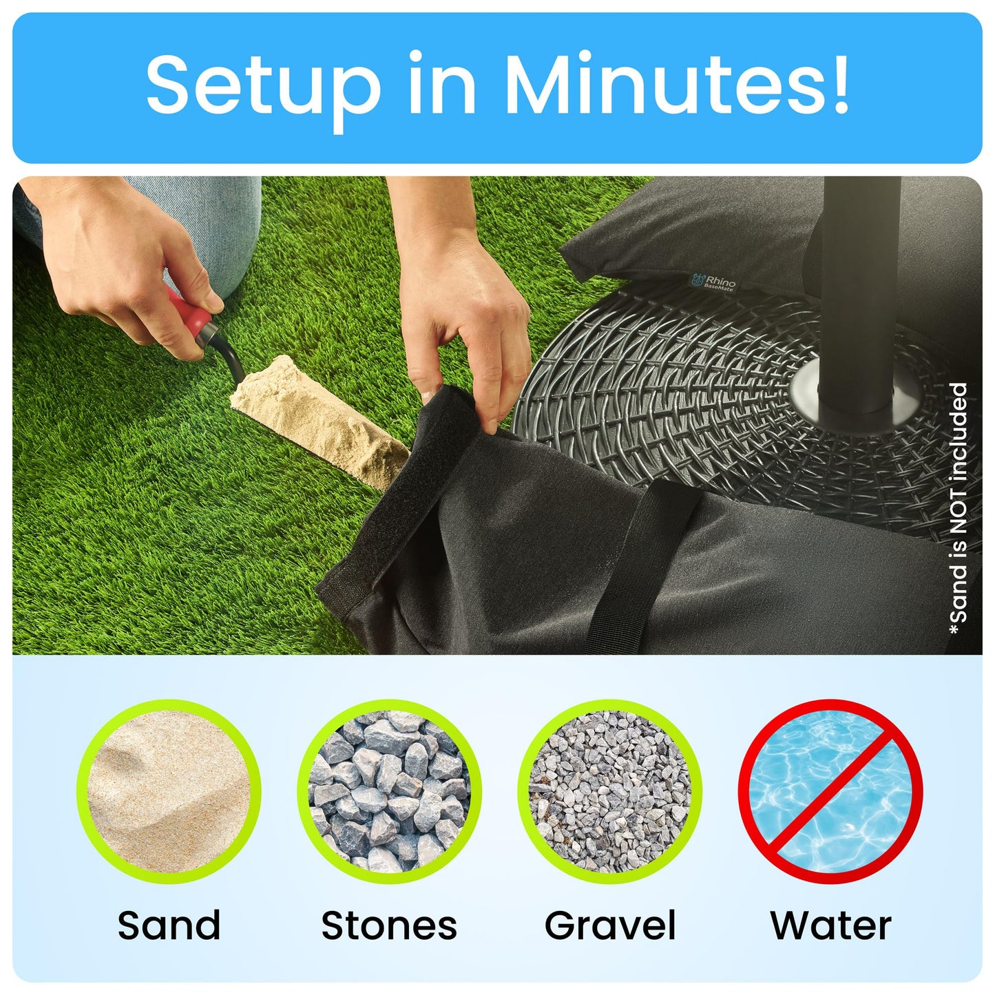 Rhino BaseMate Umbrella Base Weights 4-Pack – Fillable Sand Bags for Umbrella Base & Patio Stand | Durable Weatherproof Sandbag Weights for Outdoor Umbrellas, Arched Design, Holds Up to 49 lbs Each