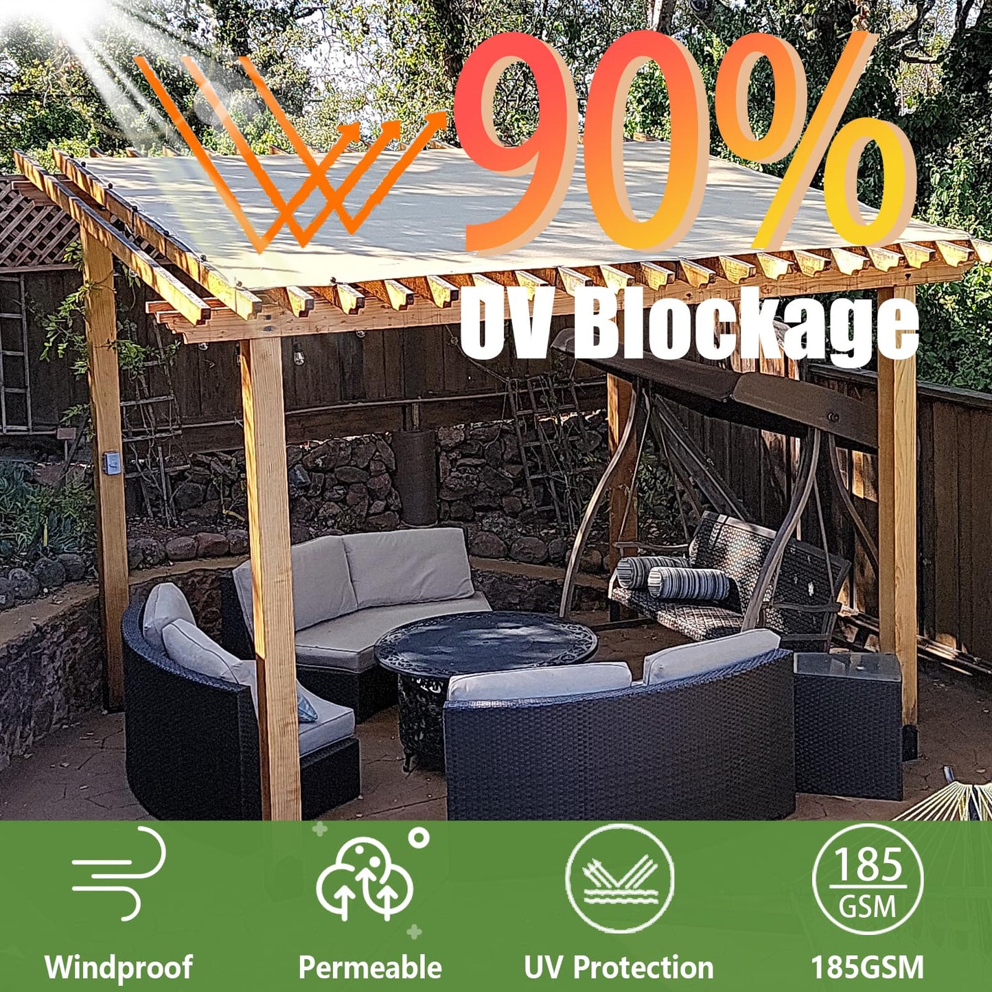 90% 10x10ft Sun Shade Cloth for Outdoor Deck Backyard Patio Garden Pergola Cover Canopy Gray