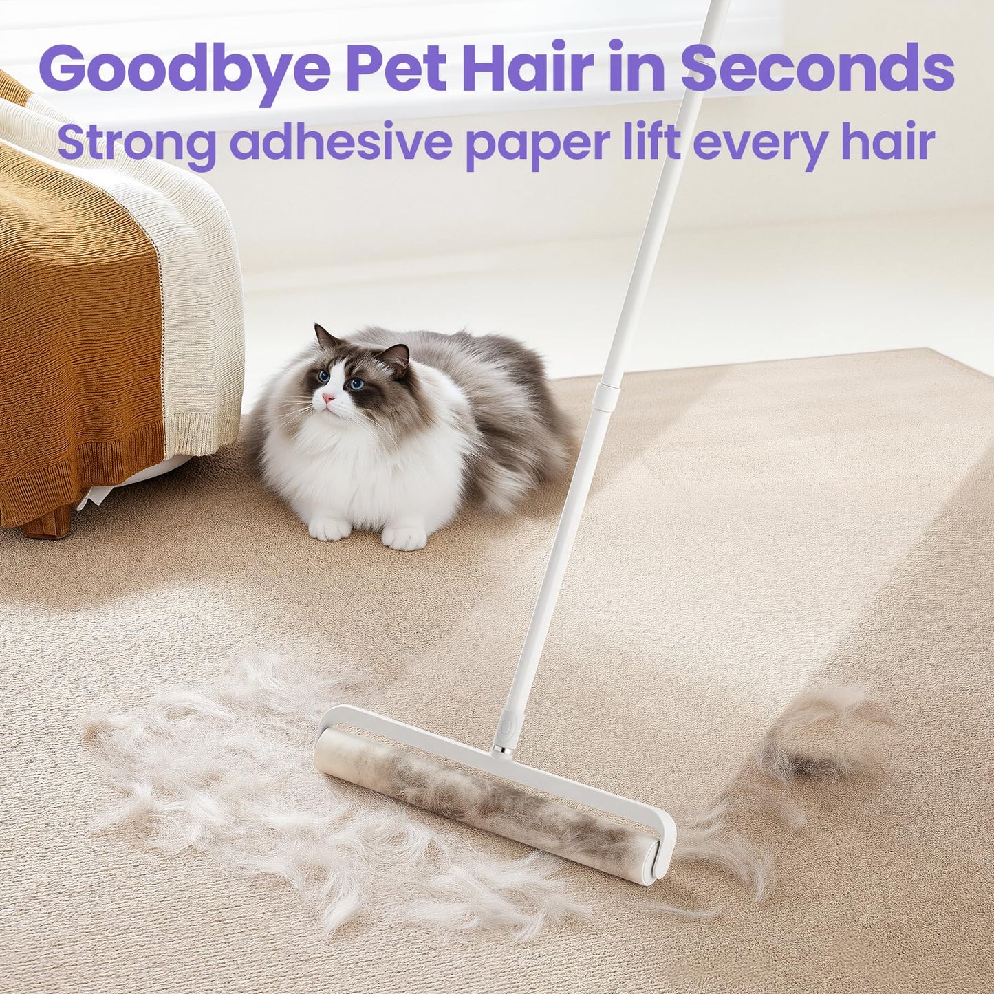 DELOMO 14.17" Extra Large Lint Rollers for Pet Hair, Sticky Rollers for Floor with 3 Extendable Handle & 4 Refills (200 Sheets), Long Handle Sticky Mop for Cleaning Carpets, Couches, Furniture, Cars