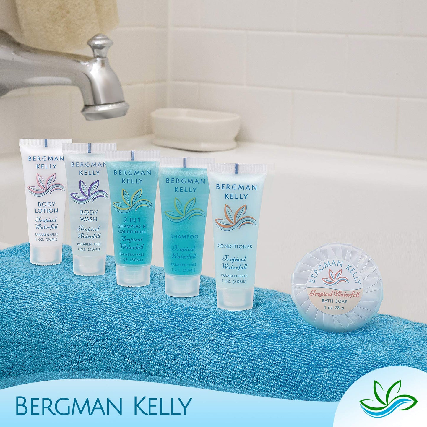 Bergman Kelly Hotel Toiletries Bundle - Tropical Waterfall, 1 oz each, 100 Pcs - 4-Piece Set: 25 Rectangular Bar Soap, 25 Shampoo, 25 Conditioner & 25 Body Lotion - Bulk Mini Guest Amenities